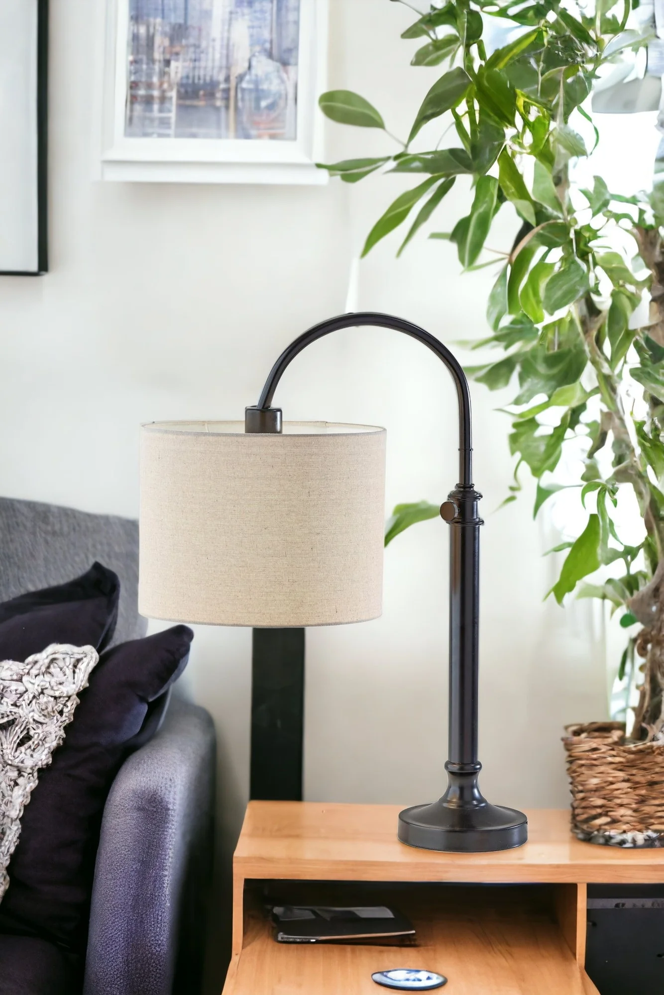 Black Metal Adjustable Arched Lamp With Beige Drum Shade By Homeroots - Image 2