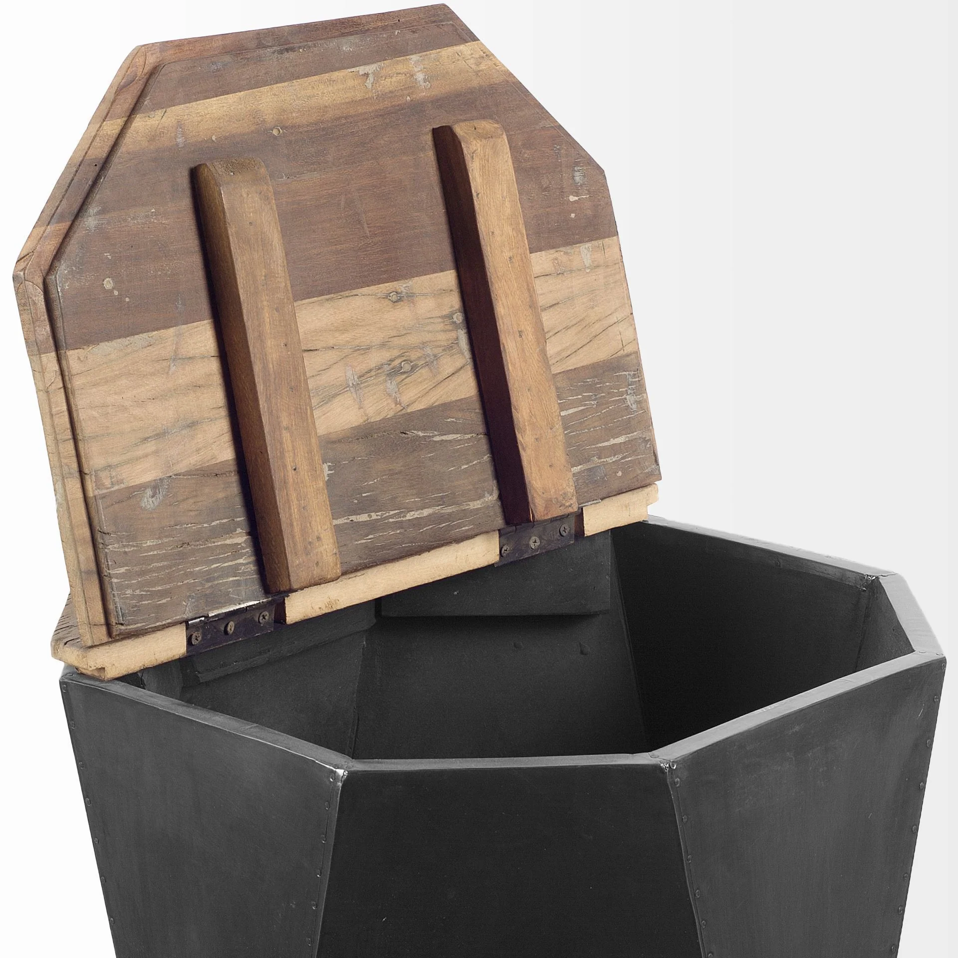 Black Metal and Natural Wood Hinged-Top Side Table By Homeroots - Image 2