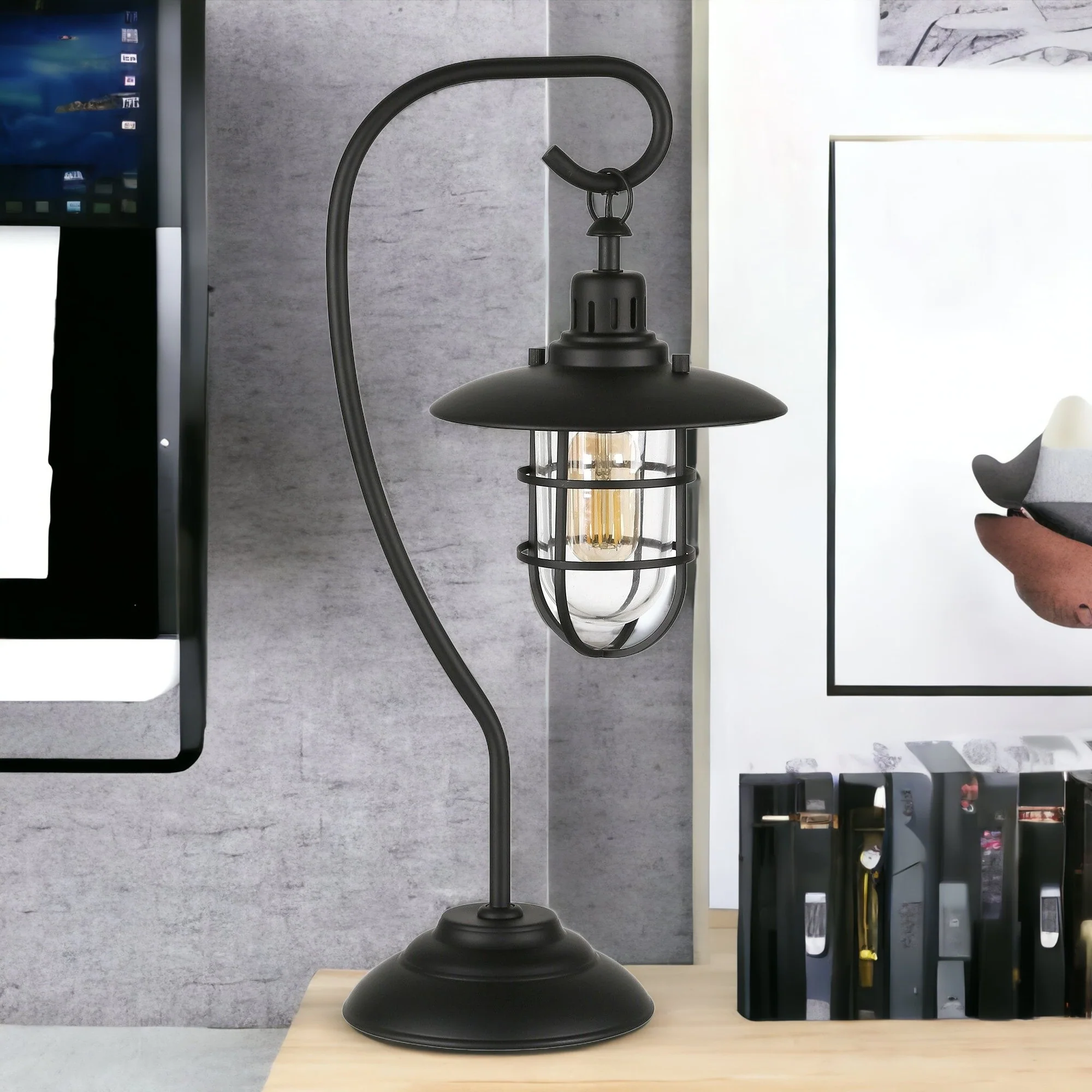 Black Metal Arched Table Lamp With Black Cage Shade By Homeroots - Image 2