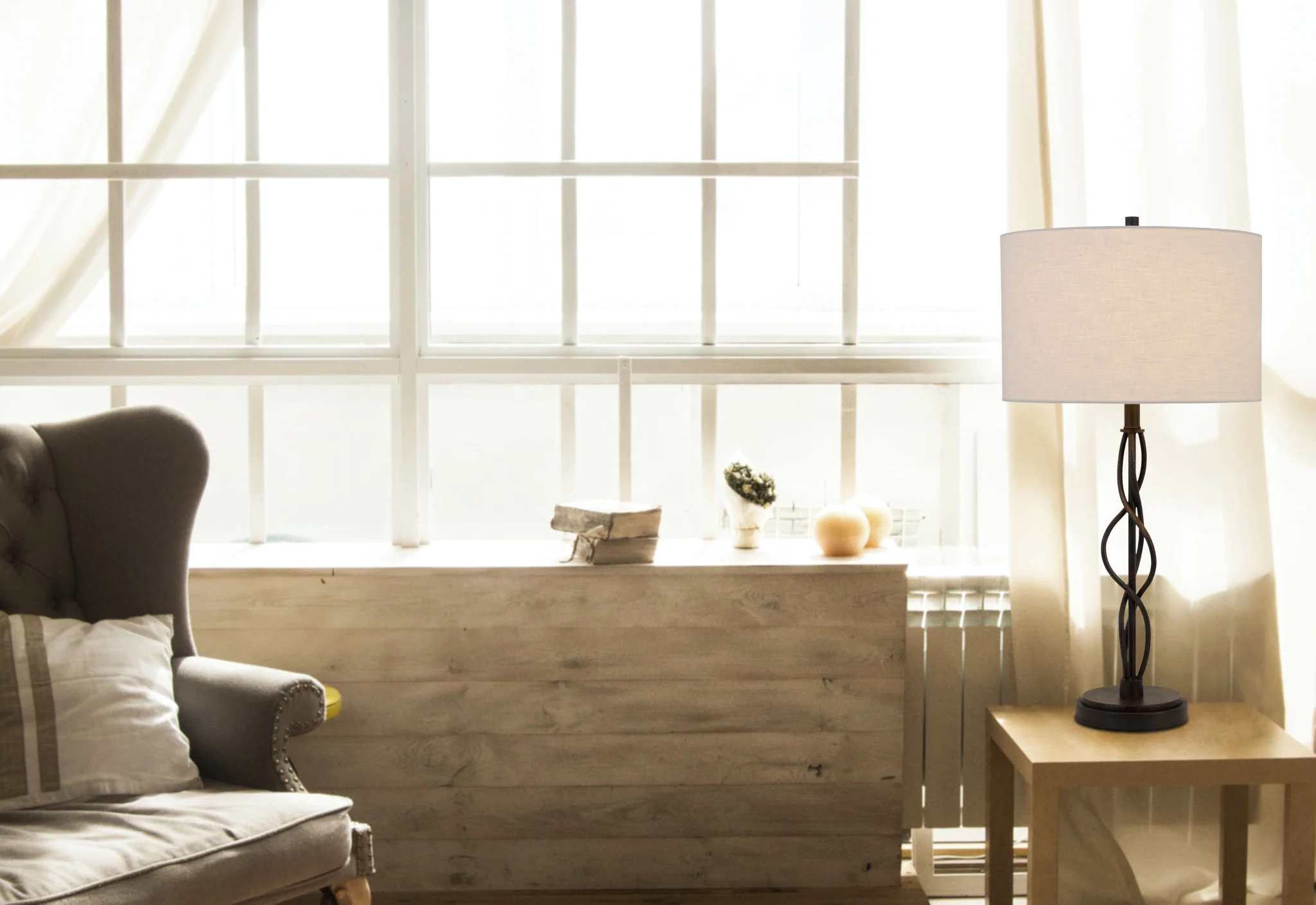 Black Metal Candlestick Table Lamp With Off White Drum Shade By Homeroots - Image 2