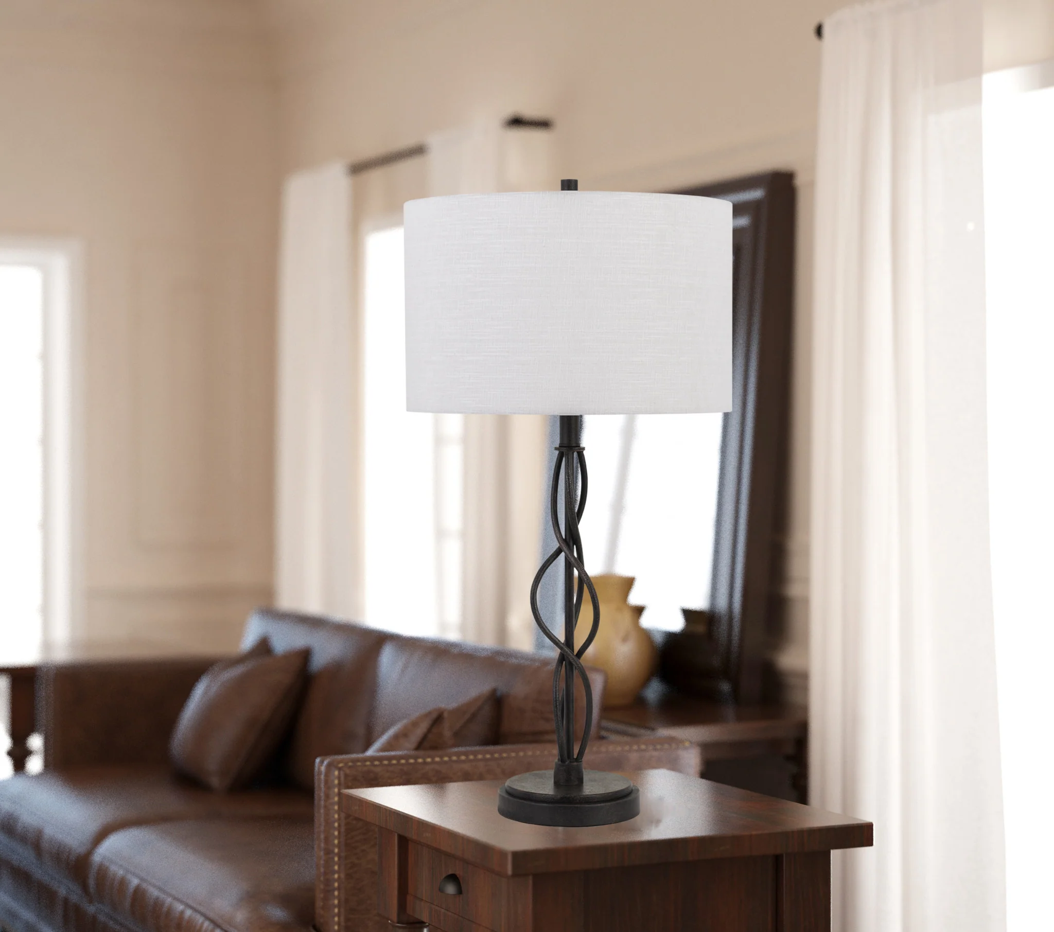 Black Metal Candlestick Table Lamp With Off White Drum Shade By Homeroots - Image 5
