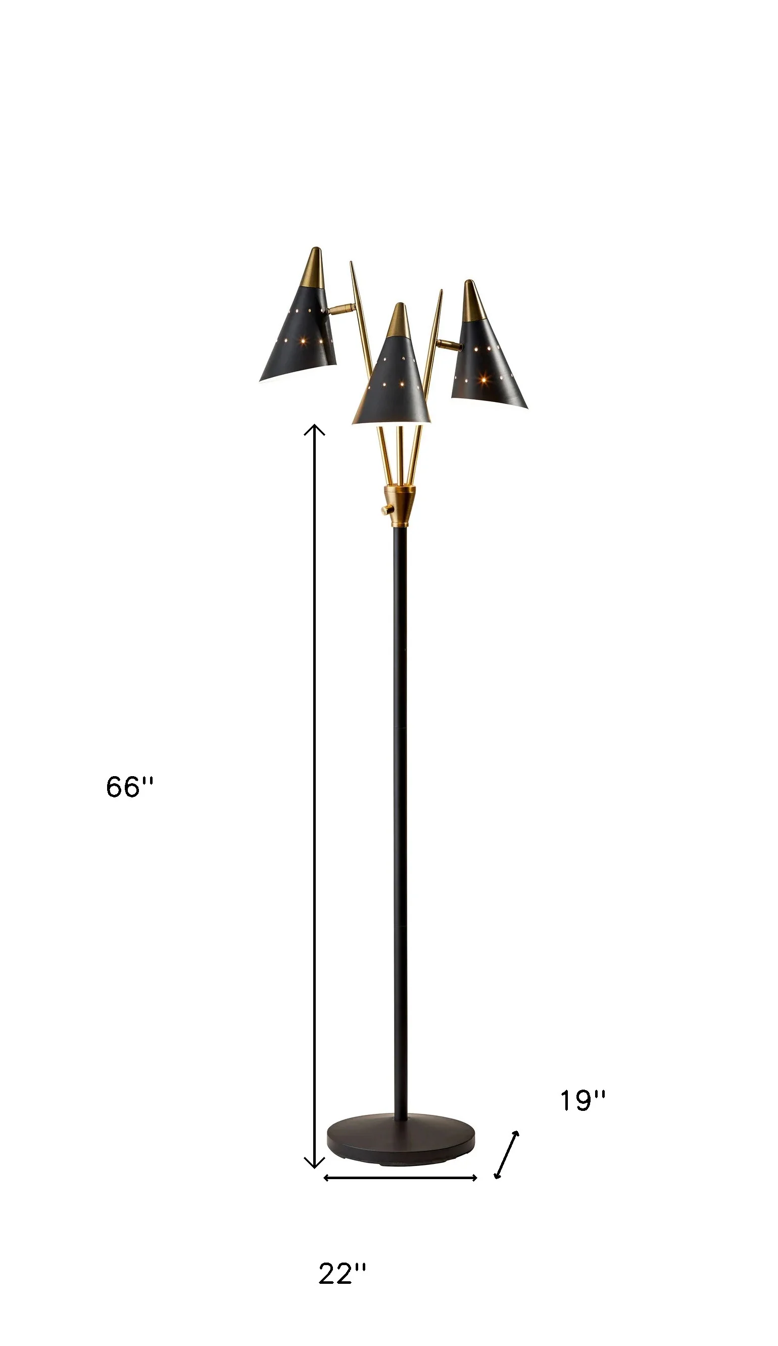 Black Metal Floor Lamp with Three Adjustable Antique Brass Accented Cone Shades By Homeroots - Image 2