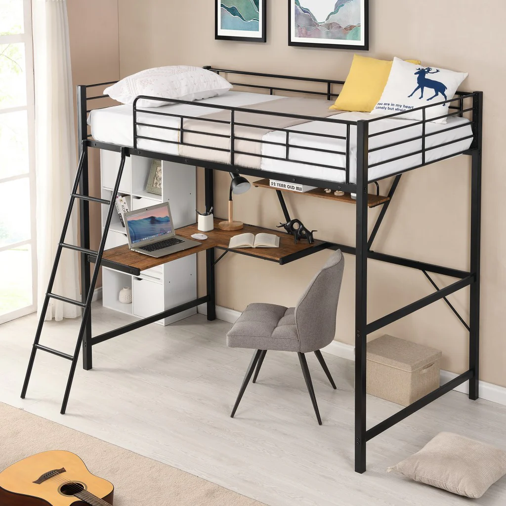 Black Metal Loft Bed With L Shaped Desk And Shelf By Homeroots - Image 2