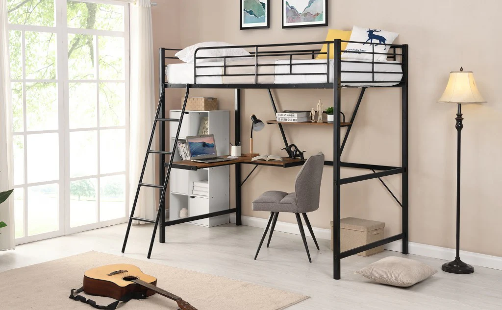 Black Metal Loft Bed With L Shaped Desk And Shelf By Homeroots - Image 3