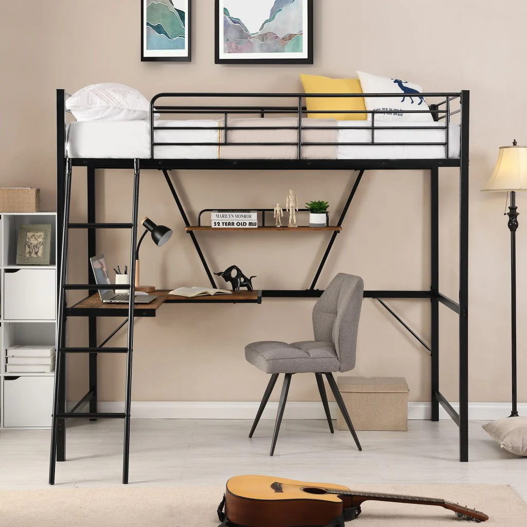 Black Metal Loft Bed With L Shaped Desk And Shelf By Homeroots - Image 4