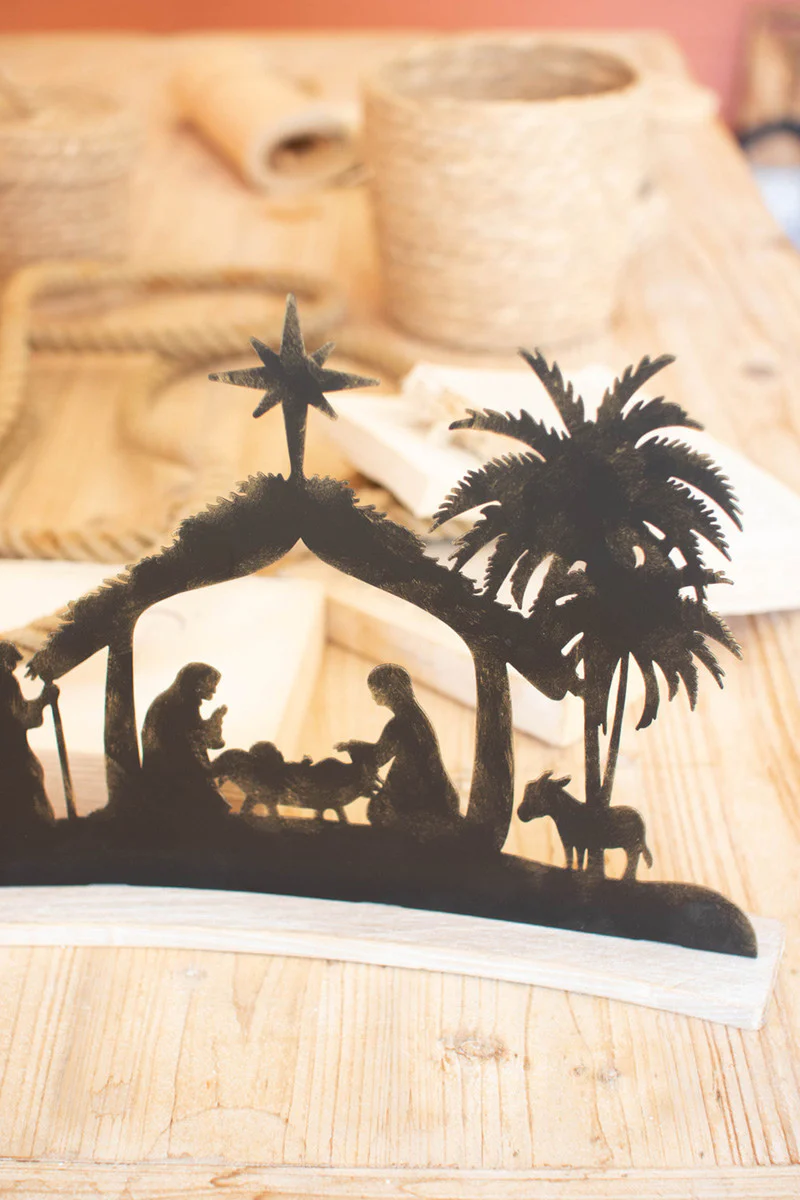 Black Metal Nativity On A Curved White Wood Base (Min 2) By Kalalou - Image 2