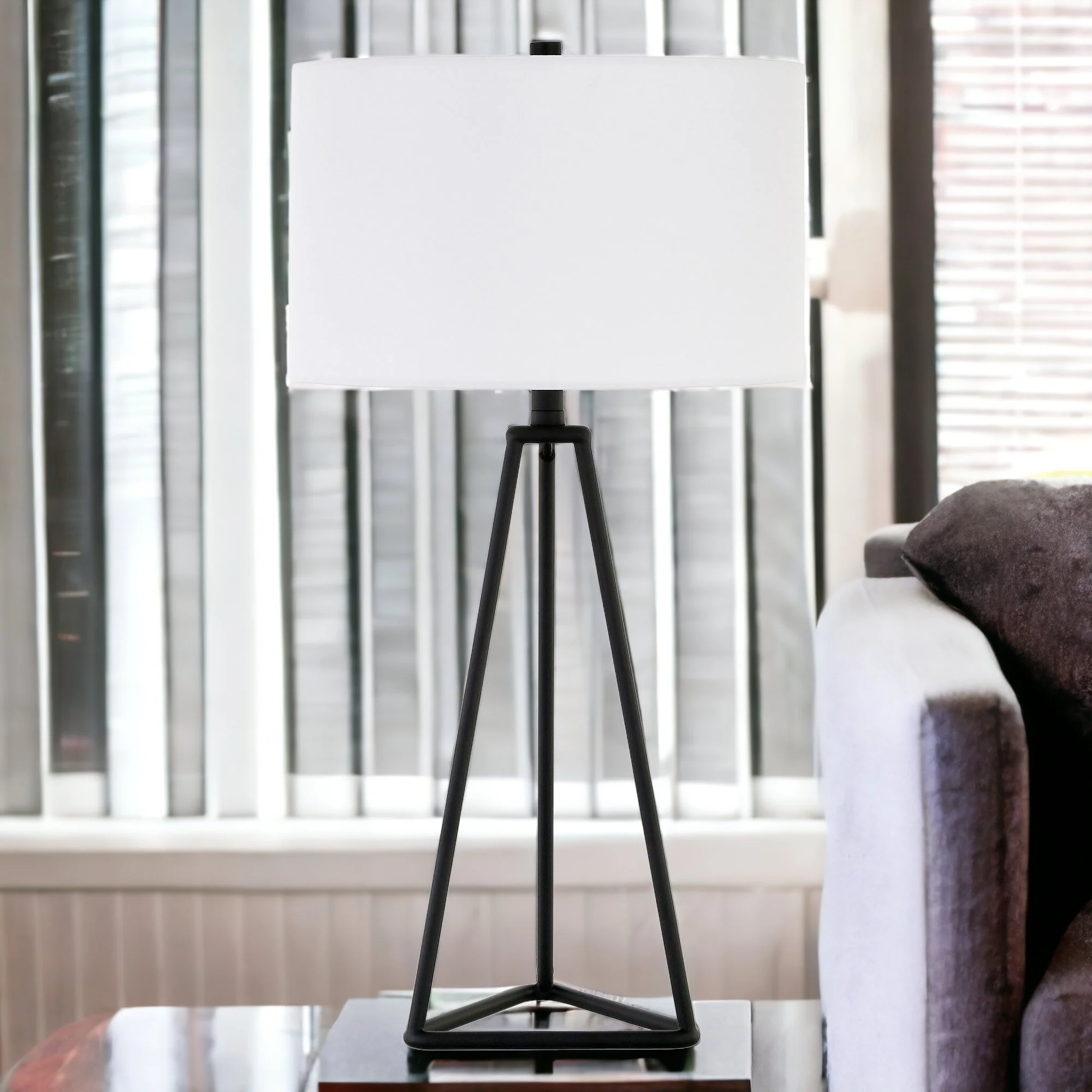 Black Metal Table Lamp With White Drum Shade By Homeroots - Image 2