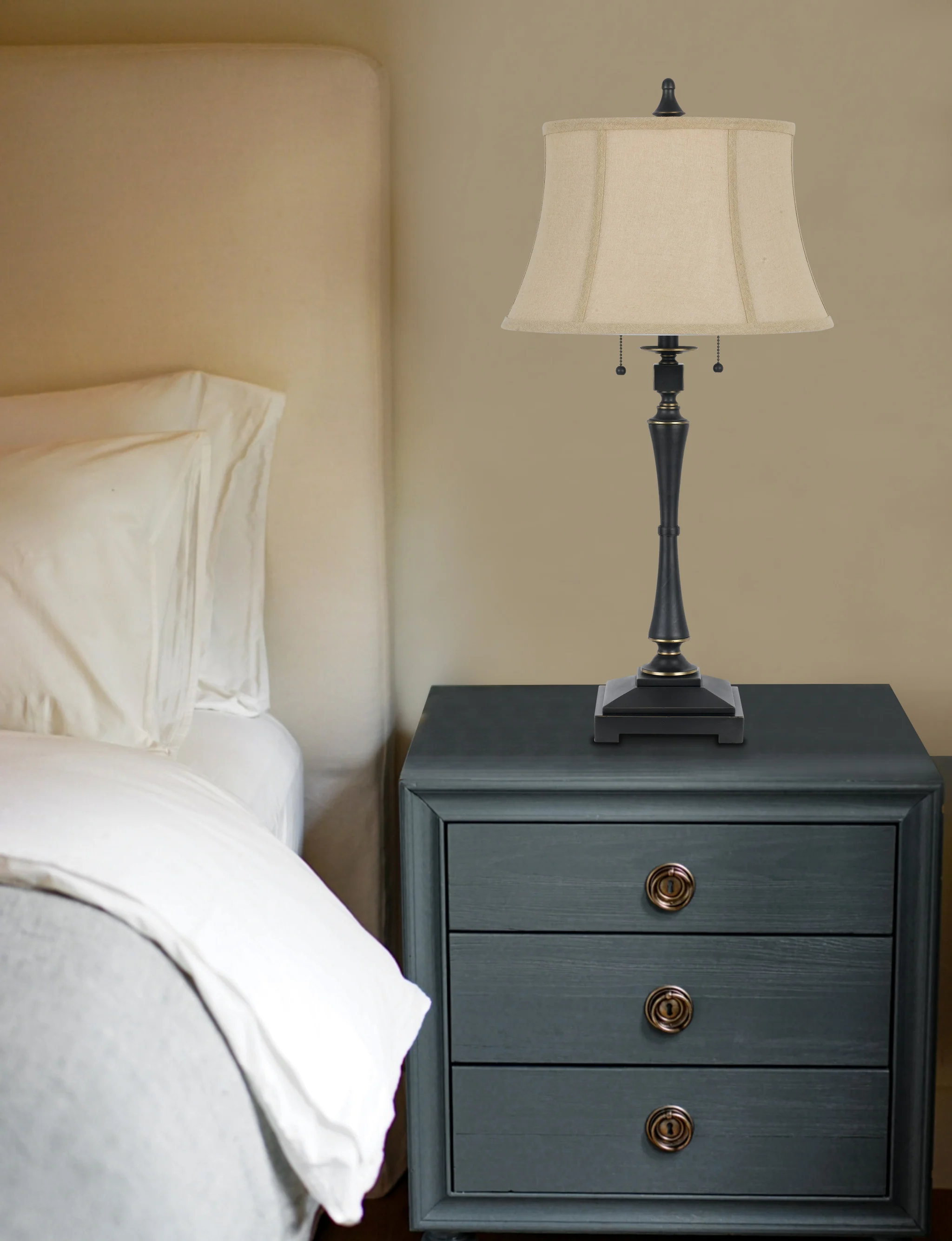 Black Metal Two Light Candlestick Table Lamp With Beige Empire Shade By Homeroots - Image 2
