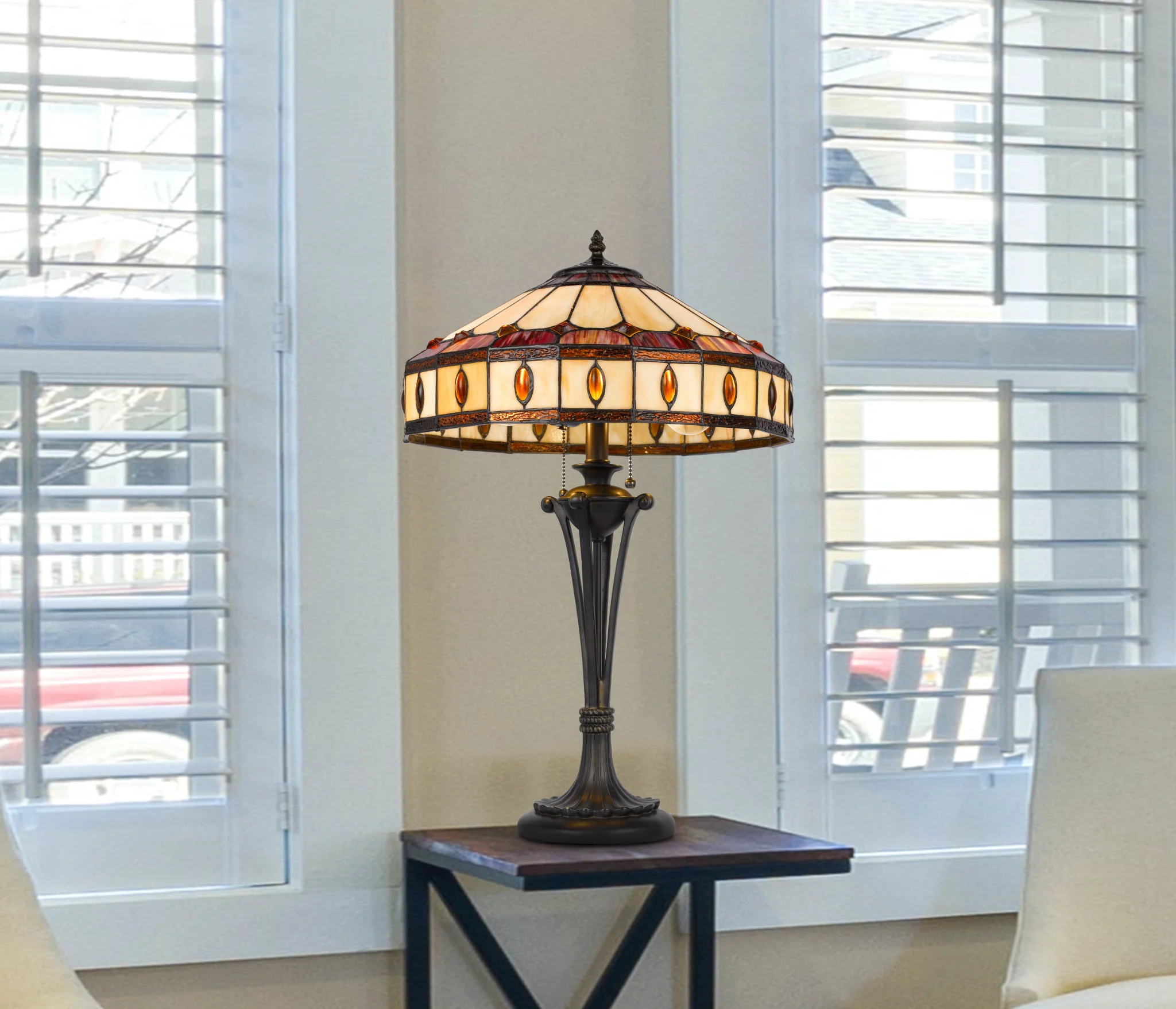 Black Metal Two Light Candlestick Table Lamp With Ivory and Red Dome Shade By Homeroots - Image 2