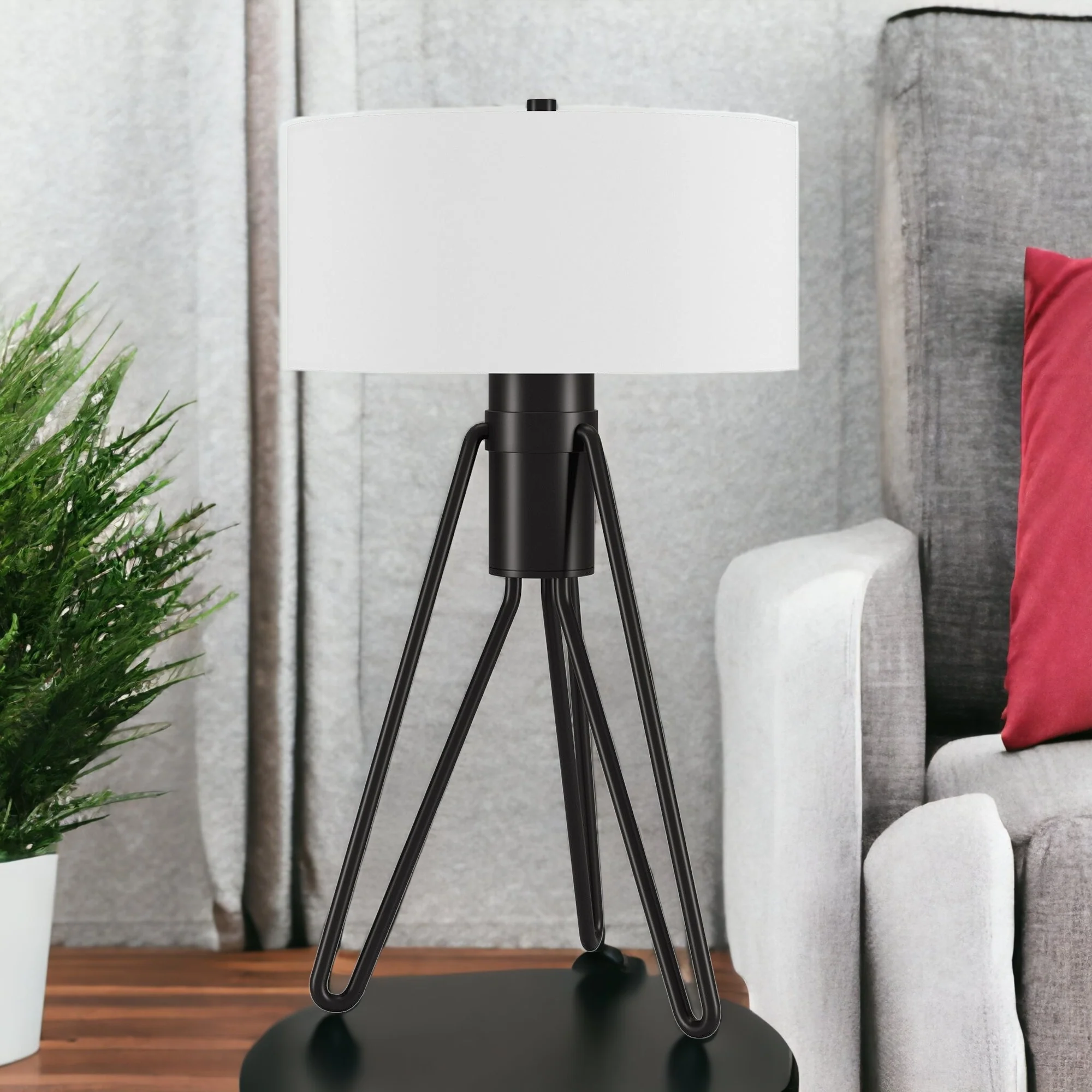 Black Metal Two Light Tripod Table Lamp With White Drum Shade By Homeroots - Image 2