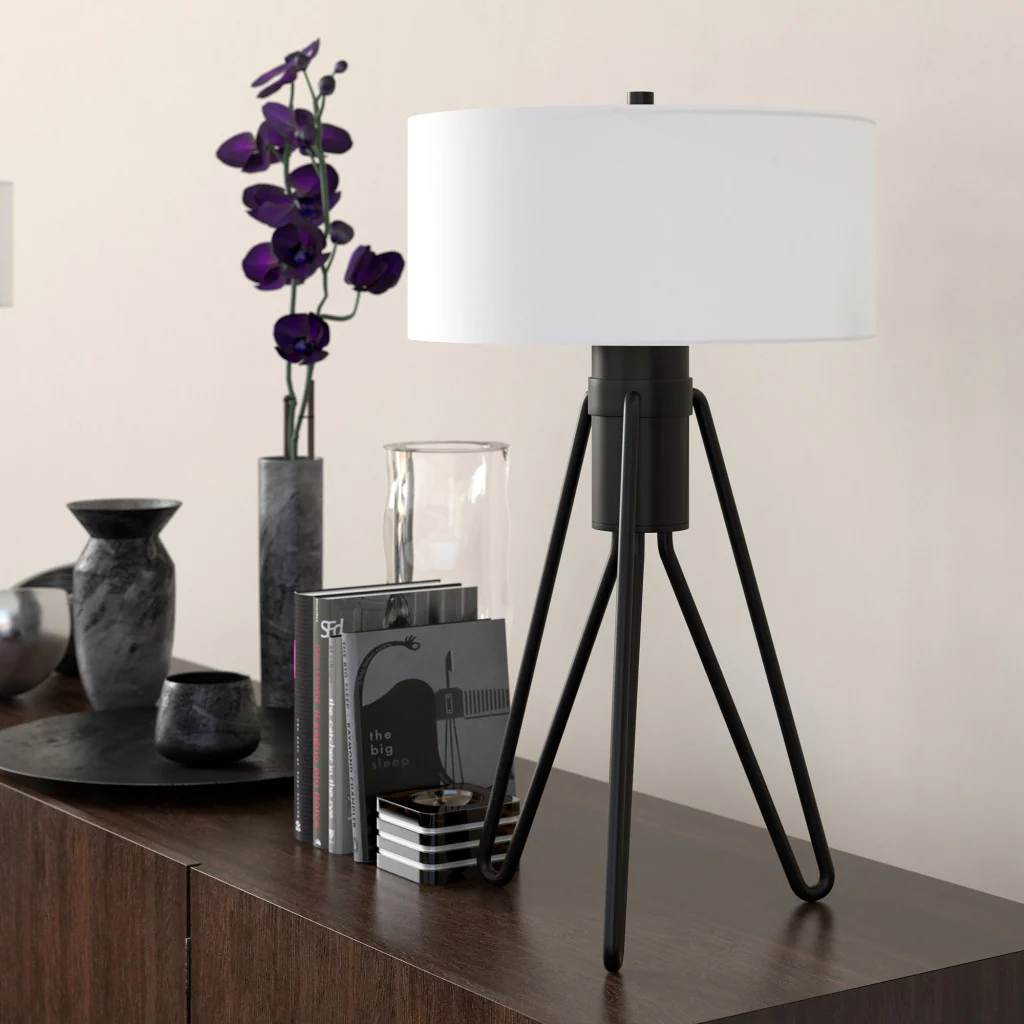 Black Metal Two Light Tripod Table Lamp With White Drum Shade By Homeroots - Image 3
