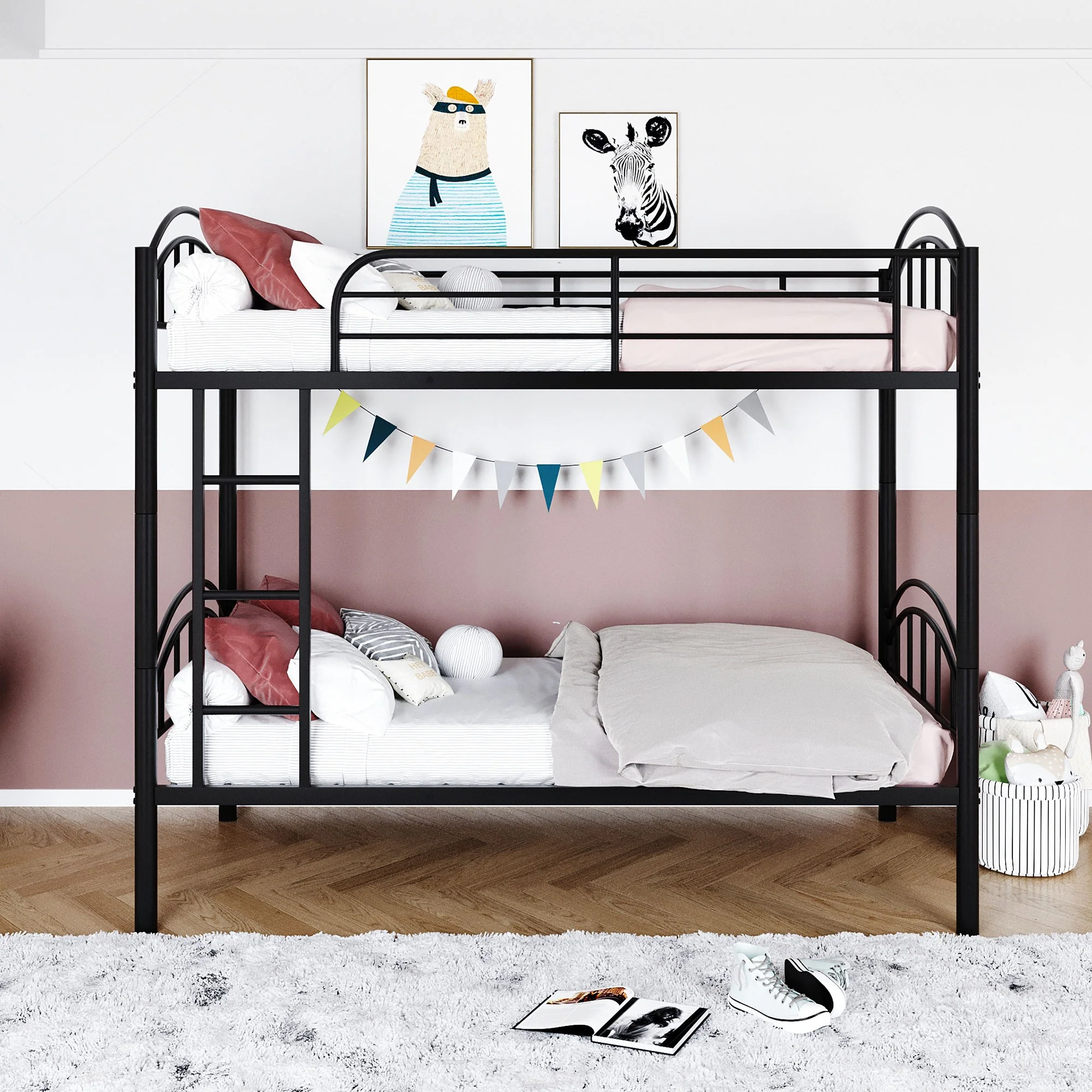 Black Modern Classic Twin Over Twin Metal Bunk Bed By Homeroots - Image 2