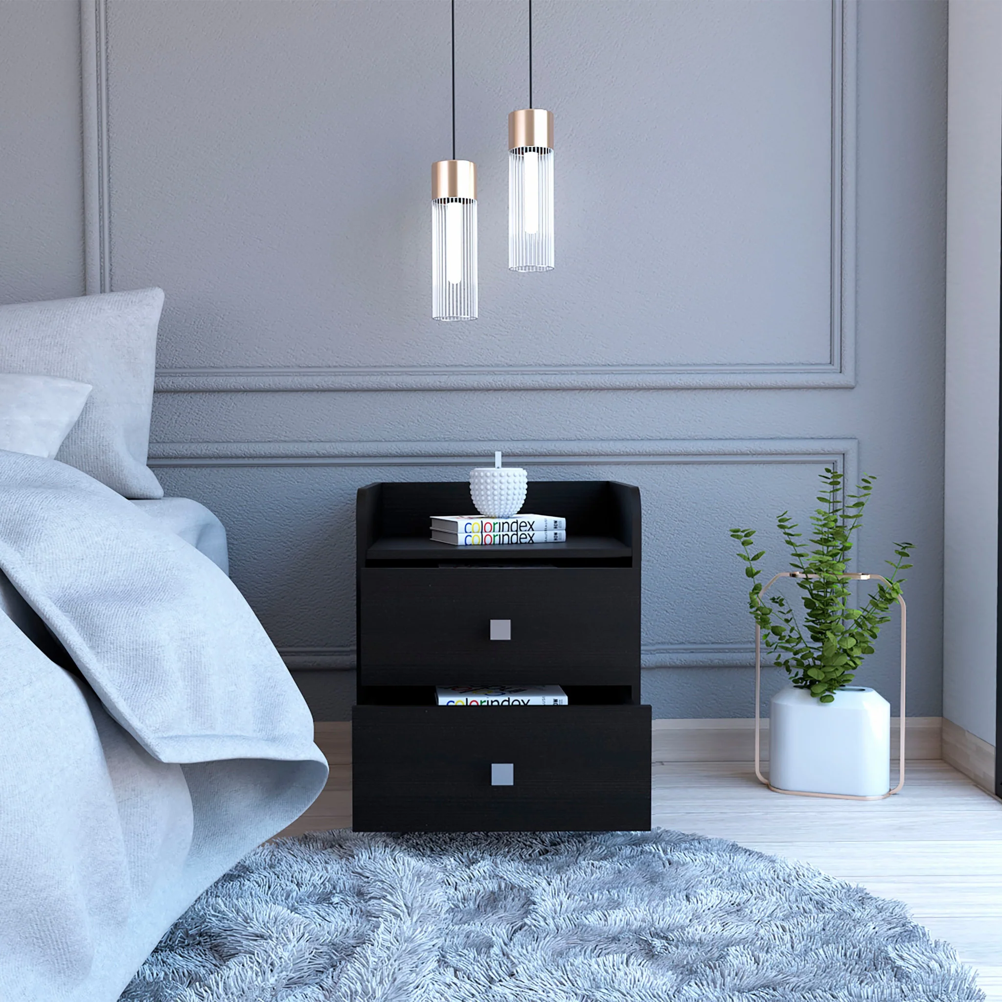 Black Nightstand with Two Drawers By Homeroots - Image 5