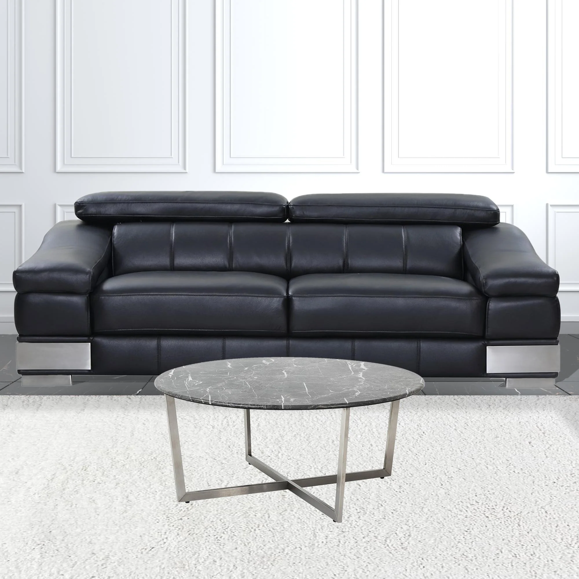 Black on Stainless Faux Marble Round Coffee Table By Homeroots - Image 6