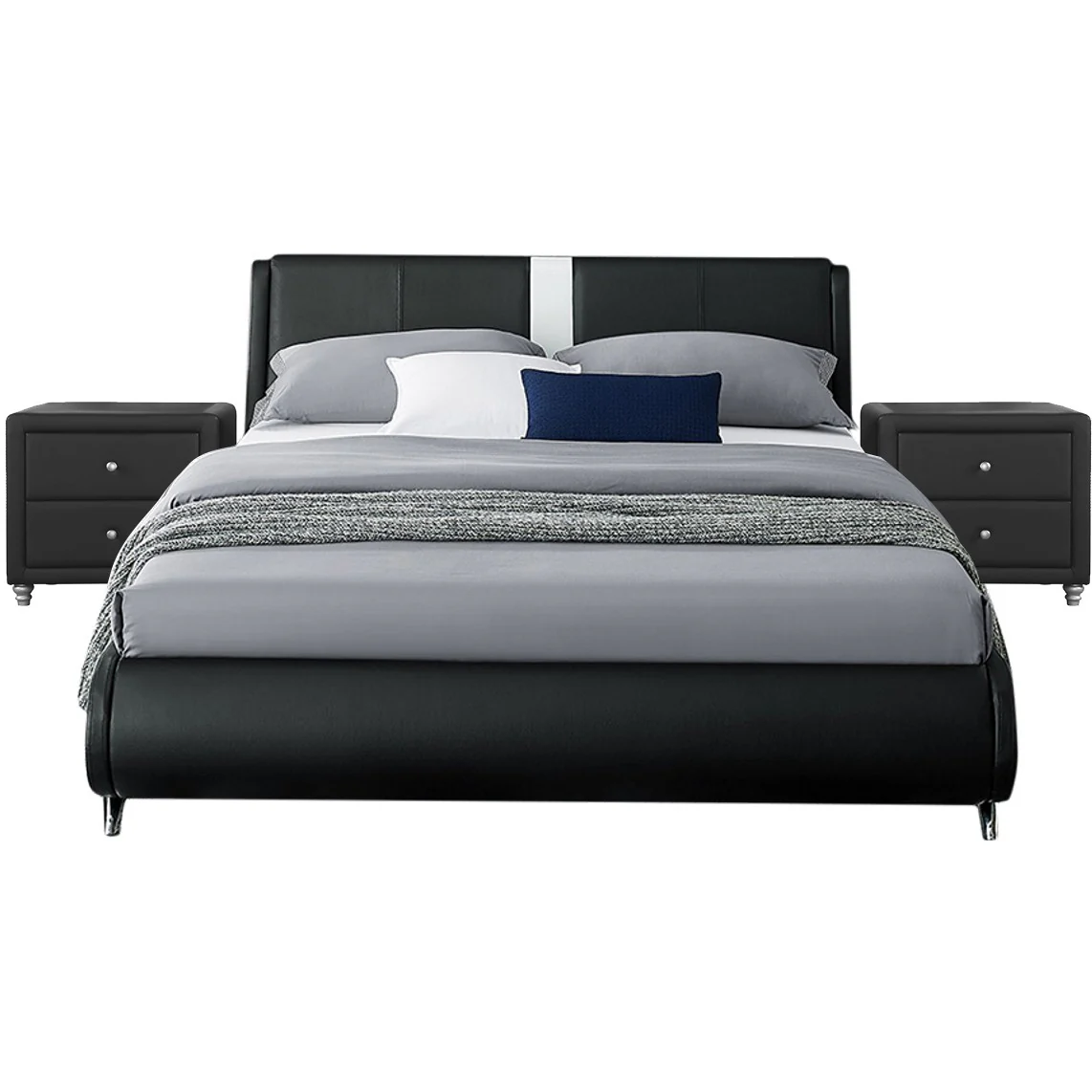 Black Platform Queen Bed With Two Nightstands By Homeroots - 397019 - Image 2