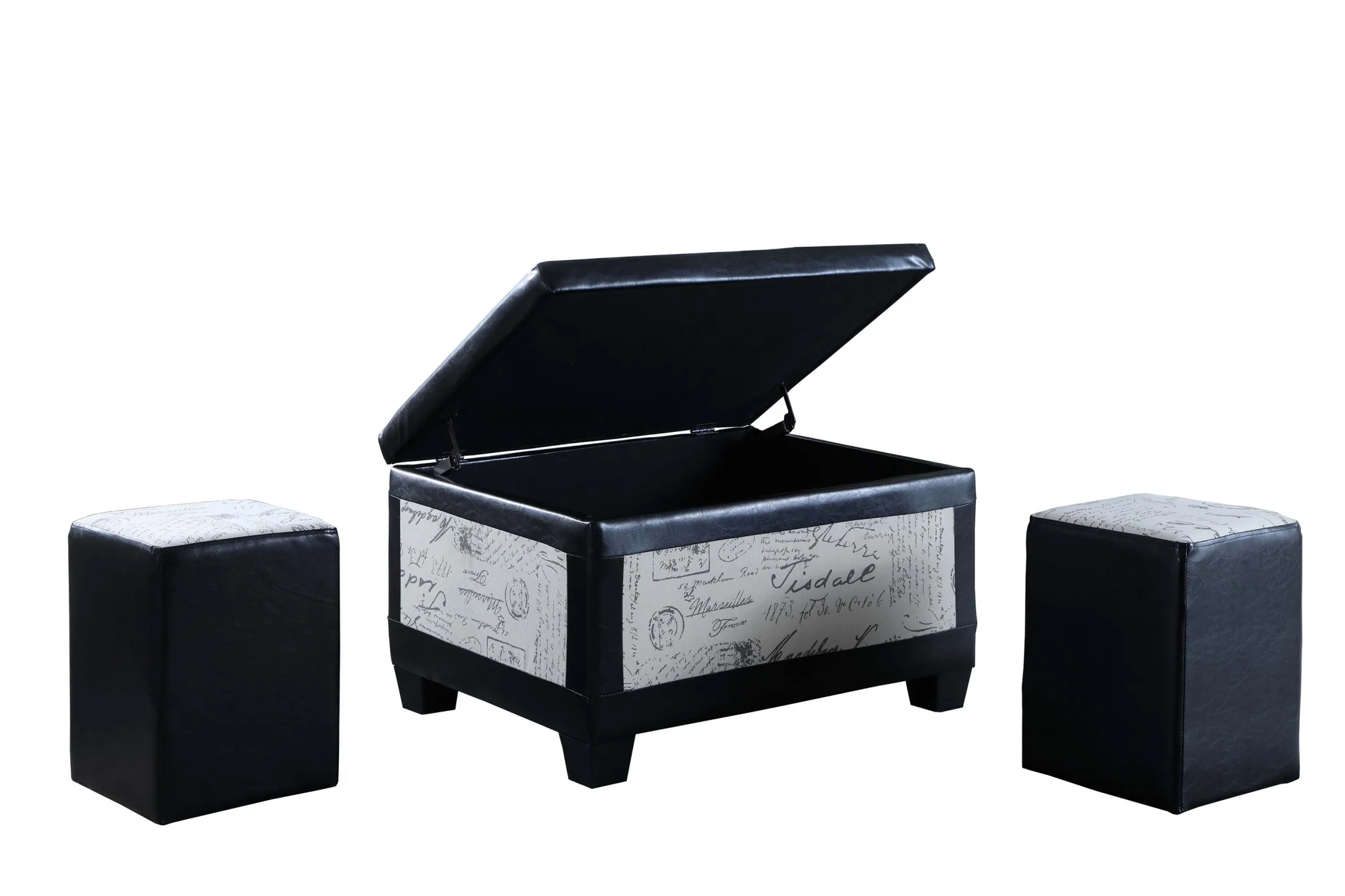 Black Postcard Faux Leather Storage Bench and Two Ottomans By Homeroots - 469416 - Image 2