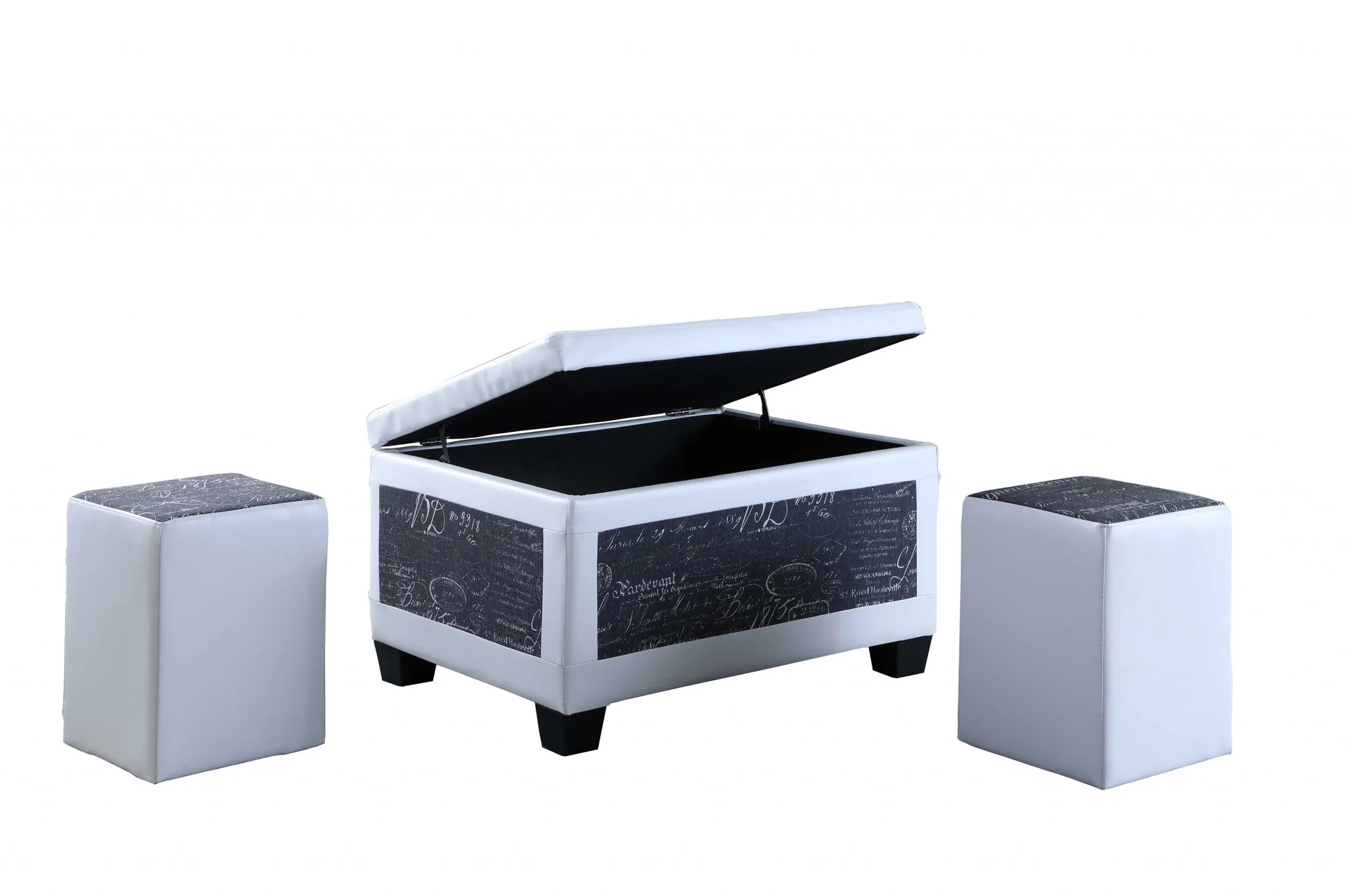 Black Postcard Faux Leather Storage Bench and Two Ottomans By Homeroots - 469417 - Image 2