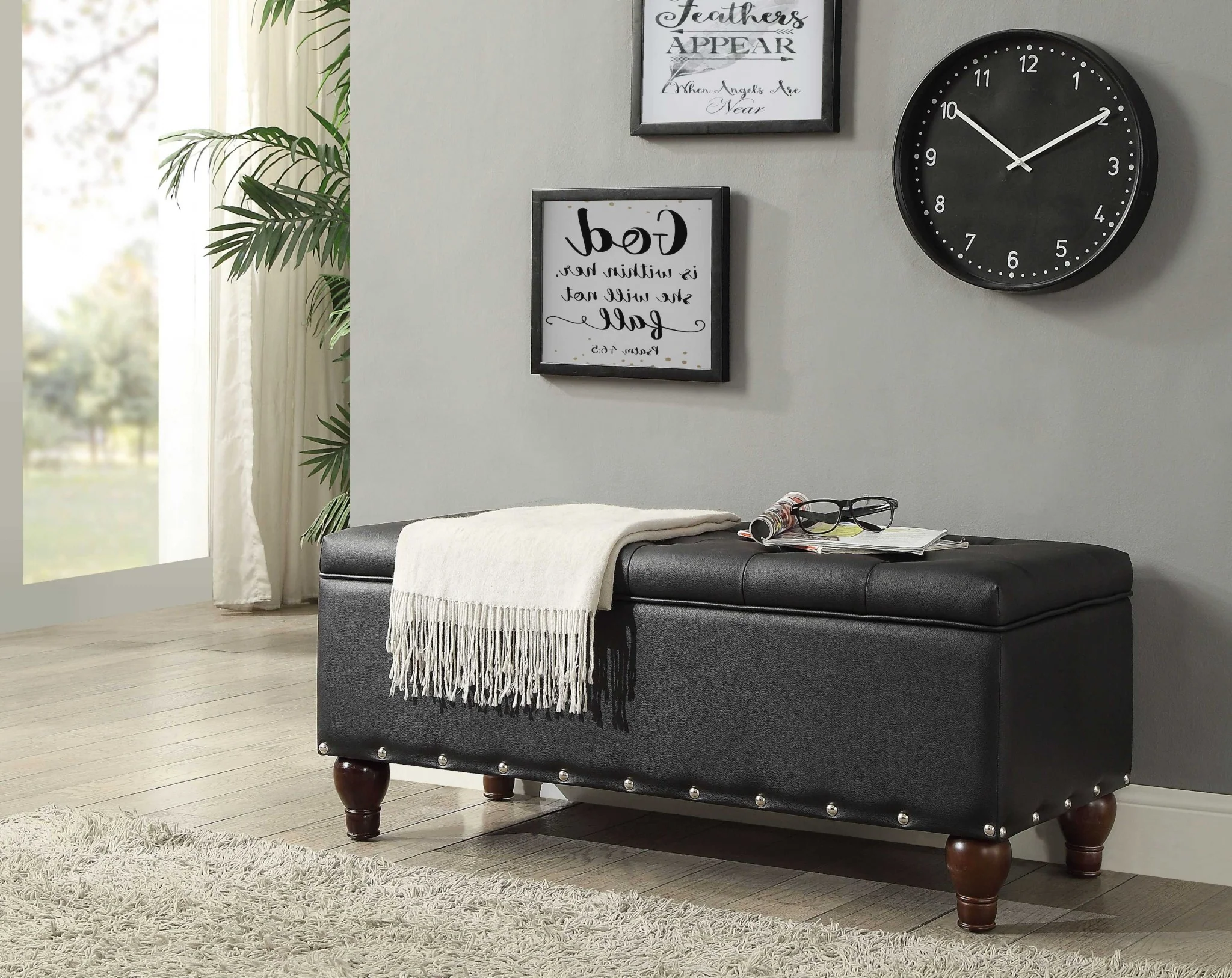 Black PU Upholstery Wood Leg Bench wStorage By Homeroots - Image 2