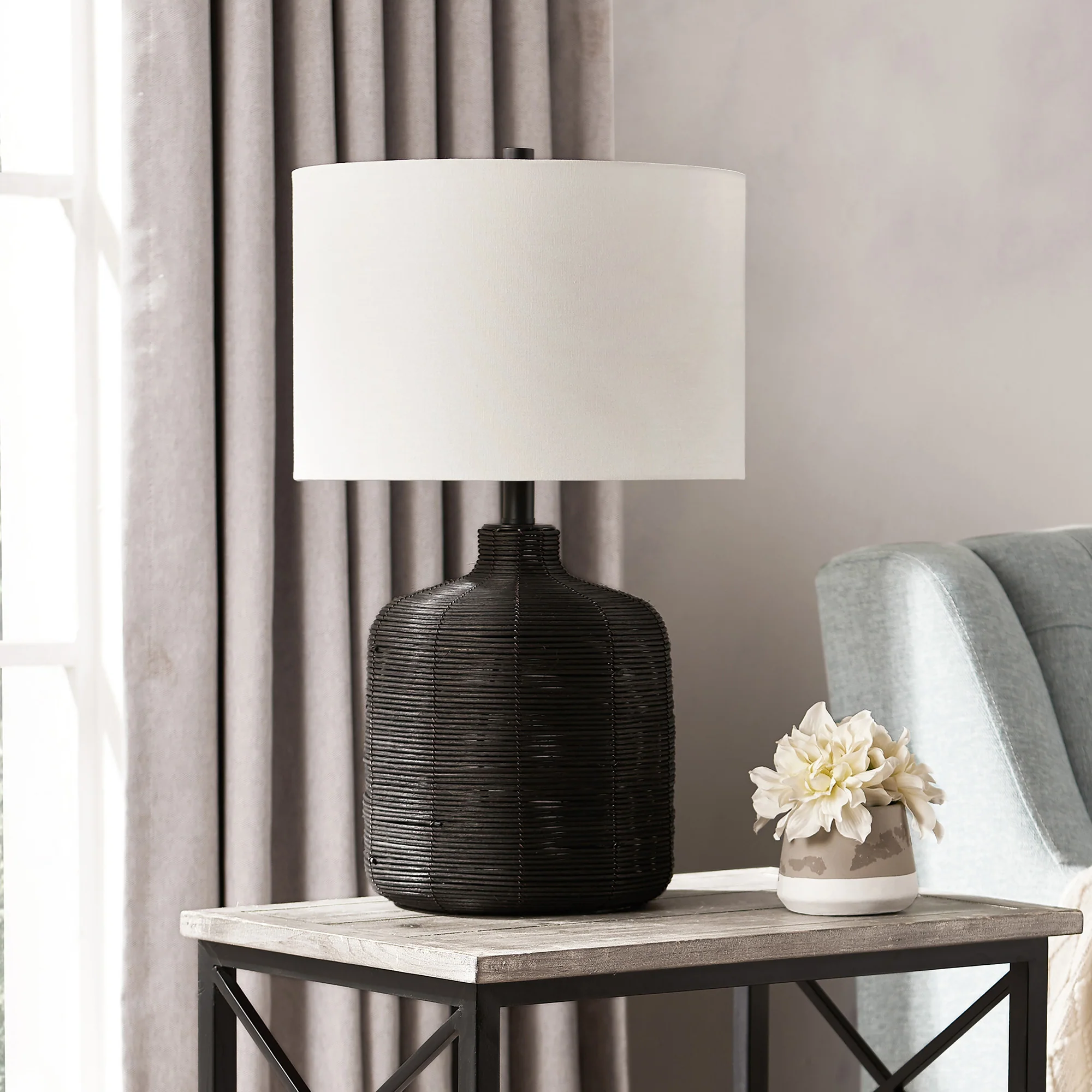 Black Rattan Table Lamp With White Drum Shade By Homeroots - Image 2