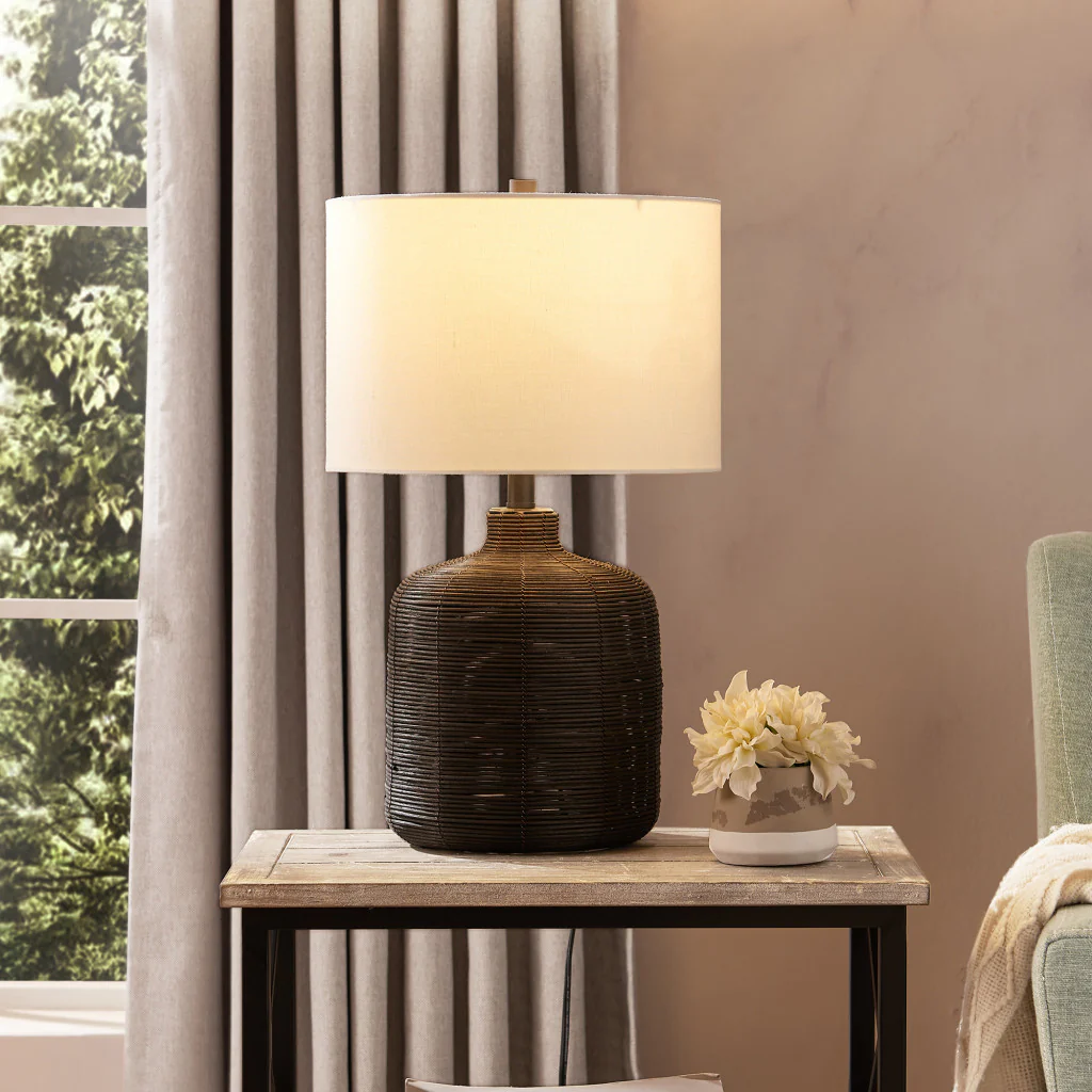 Black Rattan Table Lamp With White Drum Shade By Homeroots - Image 3