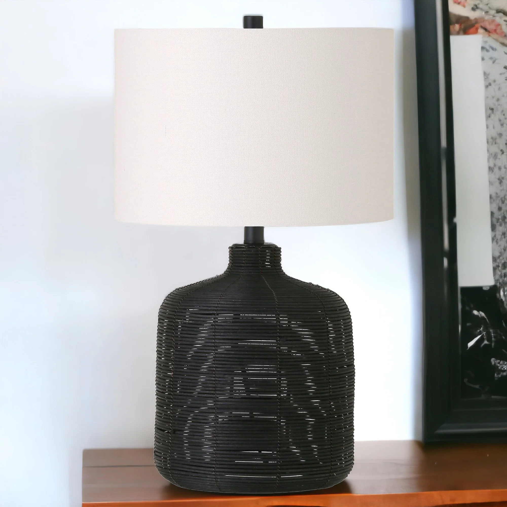 Black Rattan Table Lamp With White Drum Shade By Homeroots - Image 8