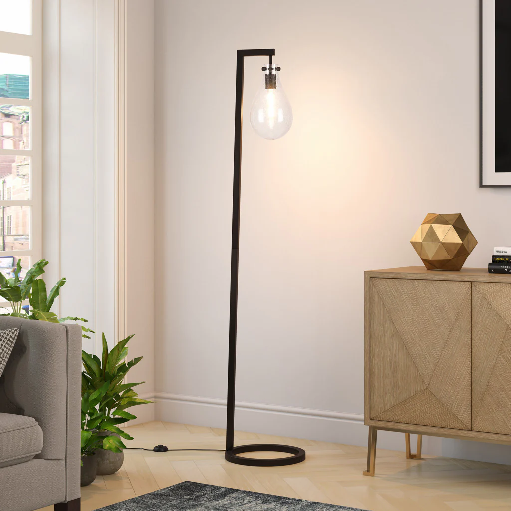 Black Reading Floor Lamp With Clear Seeded Glass Empire Shade By Homeroots - Image 4
