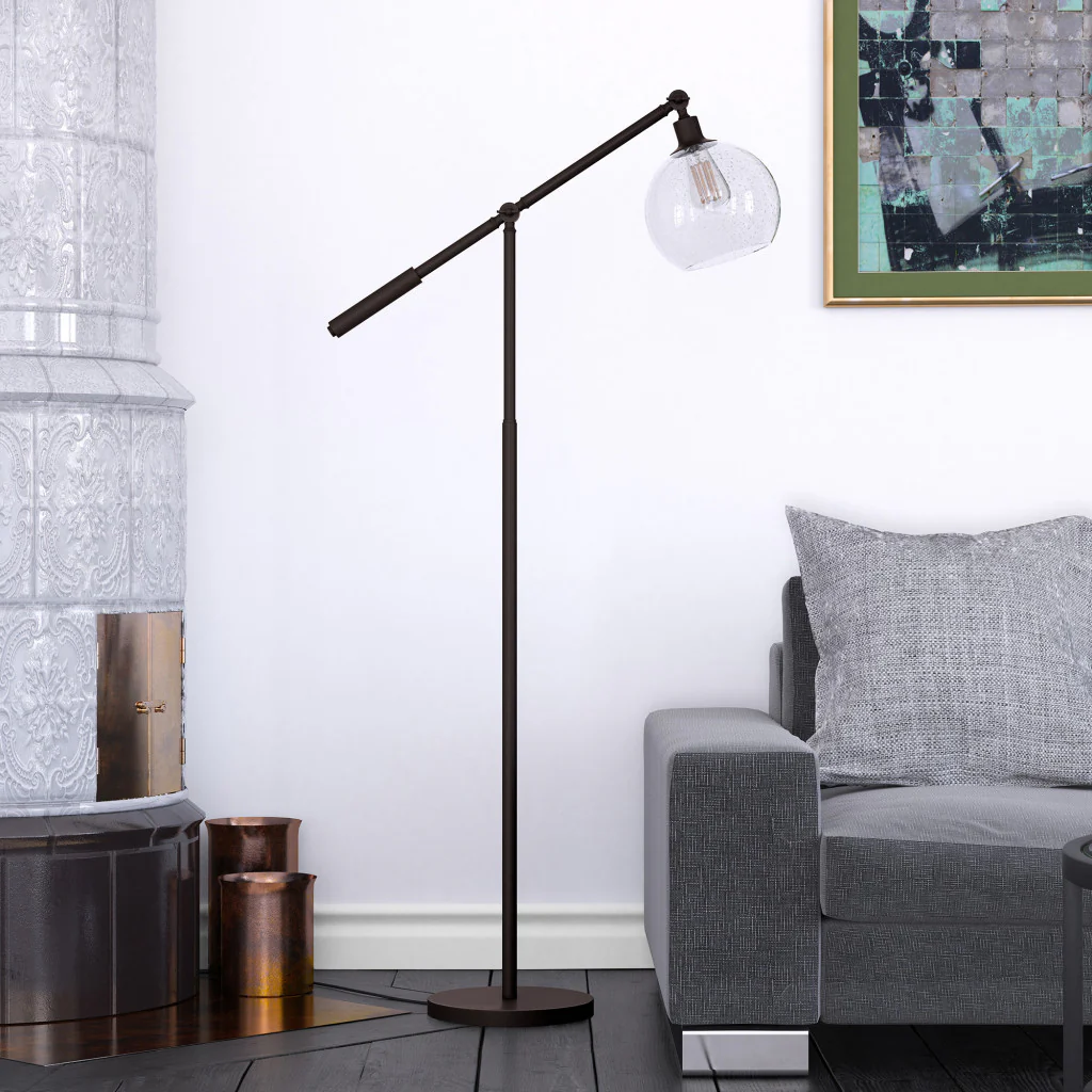 Black Reading Floor Lamp With Clear Seeded Glass Globe Shade By Homeroots - Image 4
