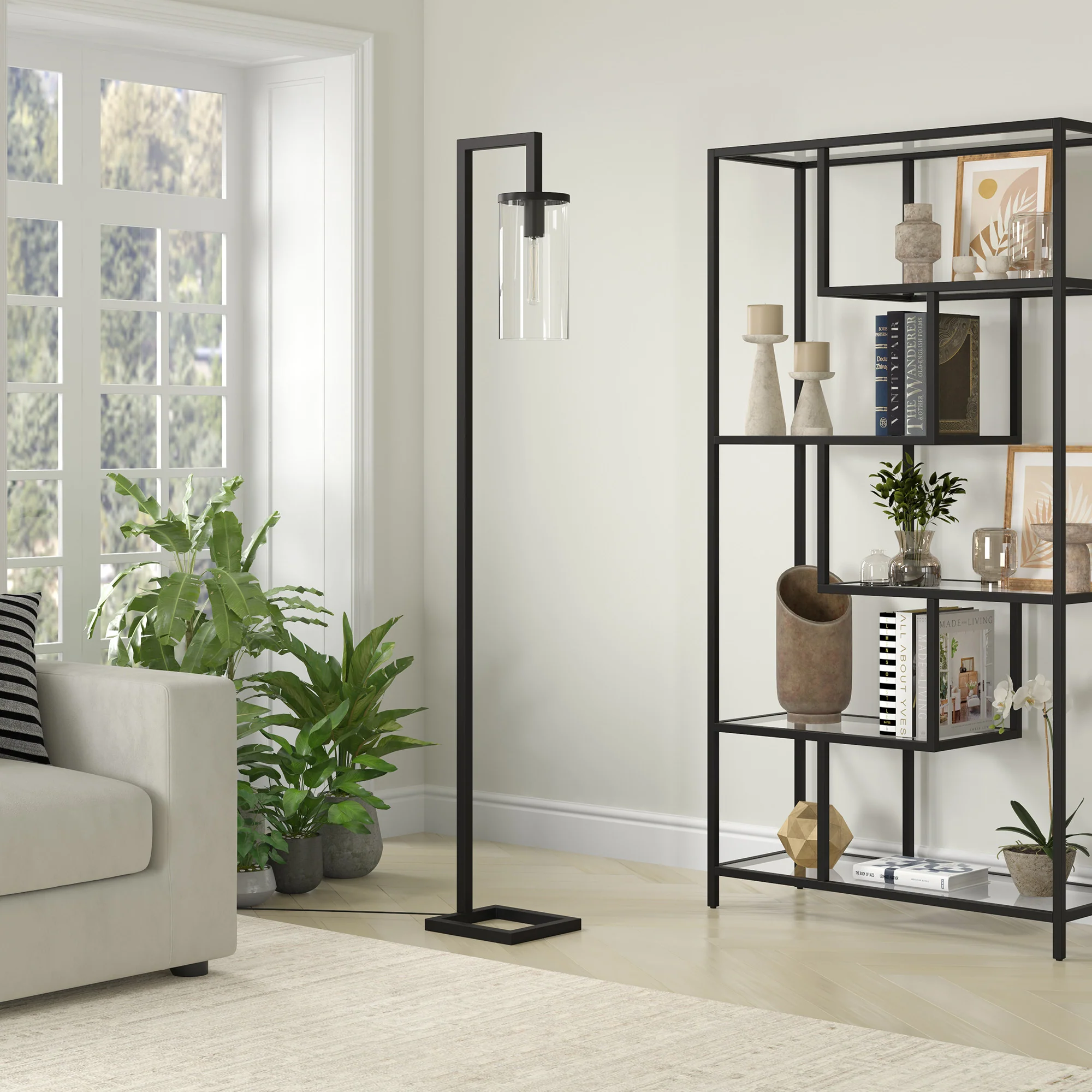 Black Reading Floor Lamp With Clear Transparent Glass Drum Shade By Homeroots - Image 5