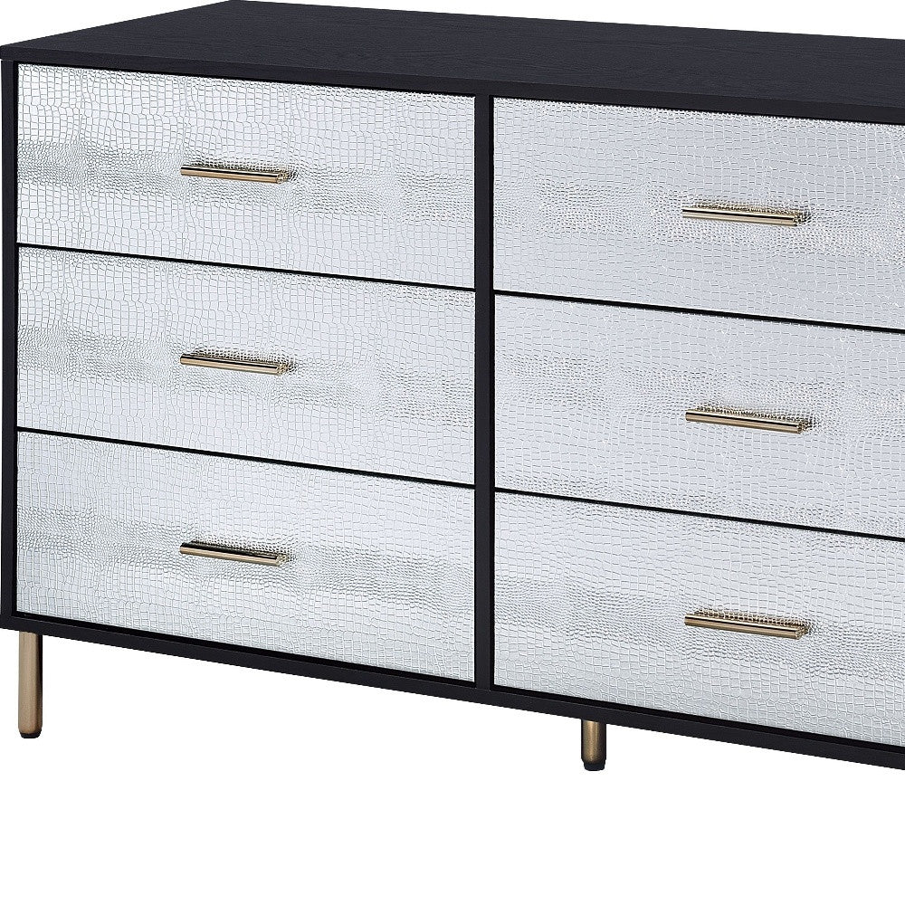 Black Silver and Gold Faux Croc Design Six Drawer Double Dresser By Homeroots - Image 2