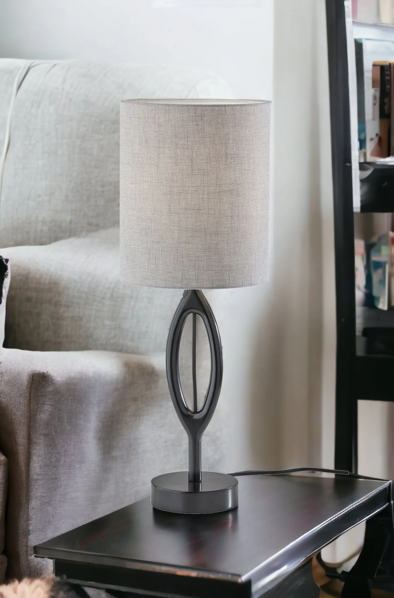 Black Solid Wood Round Table Lamp With Gray Drum Shade By Homeroots - Image 6