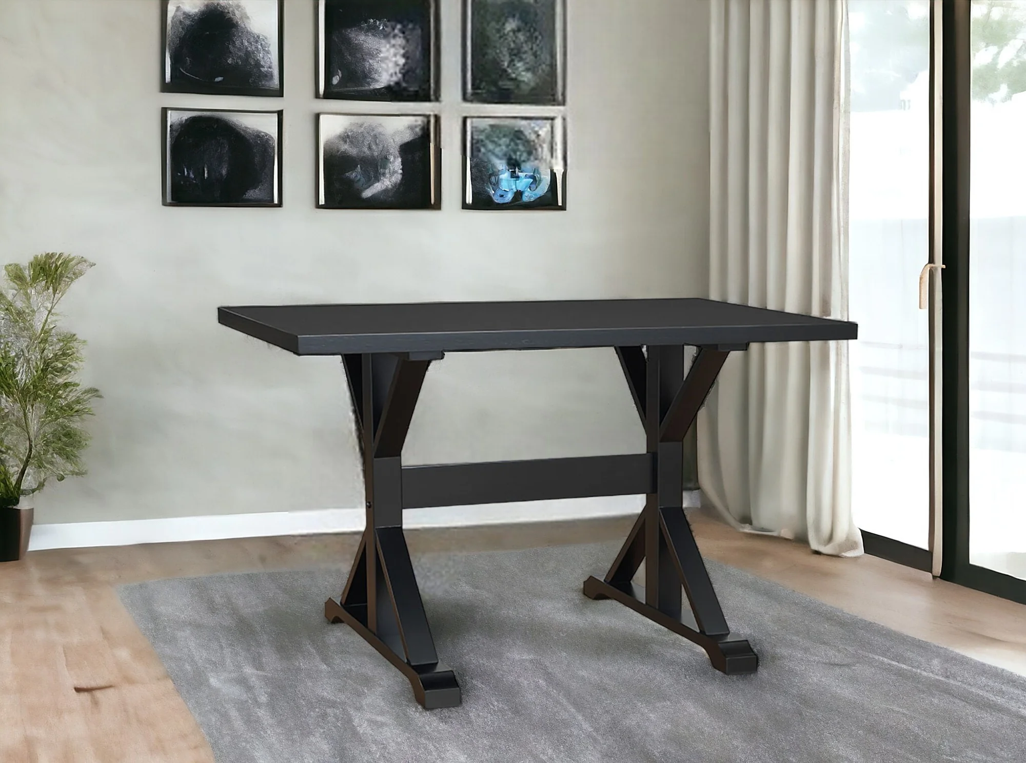 Black Solid Wood Trestle Base Dining Table By Homeroots - Image 2