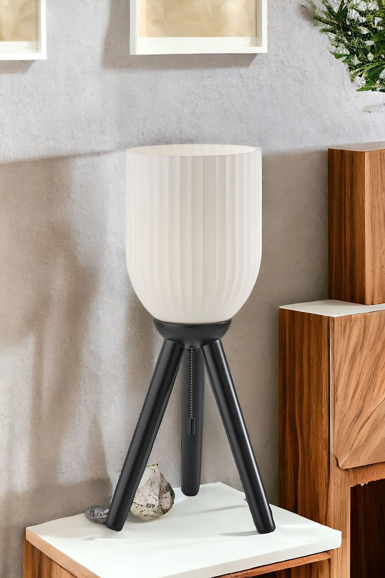 Black Solid Wood Tripod Table Lamp With White Ribbed Glass Shade By Homeroots - Image 2