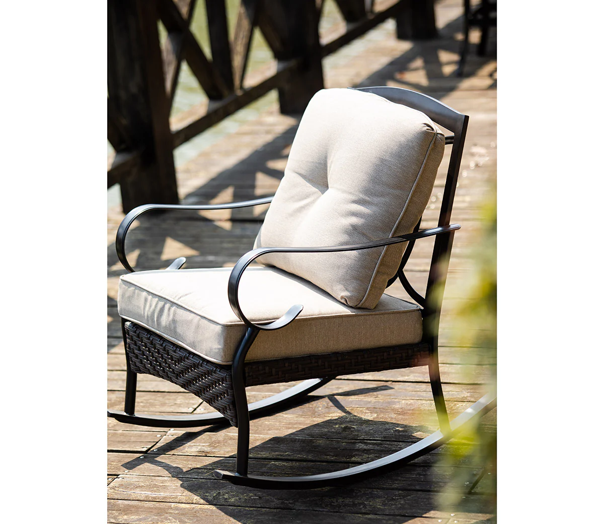 Black Steel Patio Rocking Chair with Beige Cushions By Homeroots - Image 2