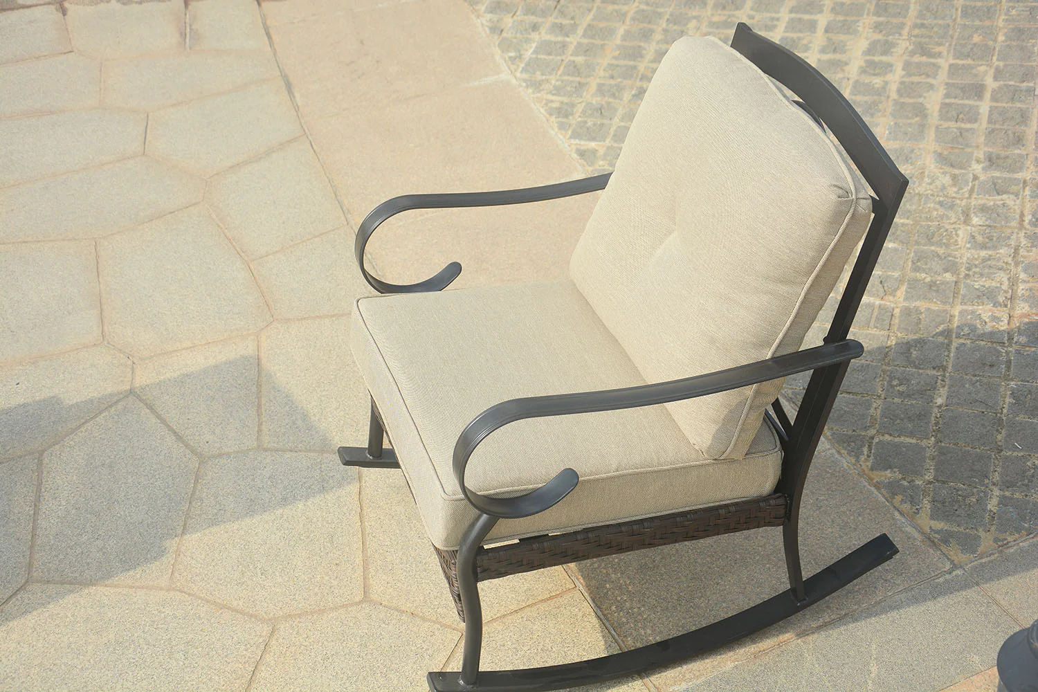 Black Steel Patio Rocking Chair with Beige Cushions By Homeroots - Image 3
