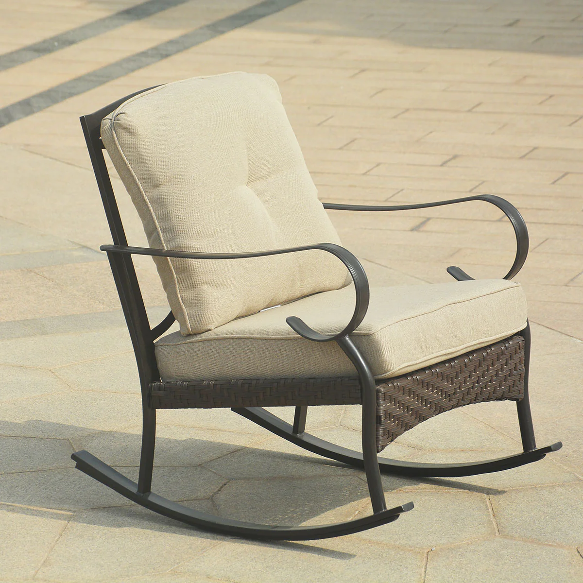 Black Steel Patio Rocking Chair with Beige Cushions By Homeroots - Image 6