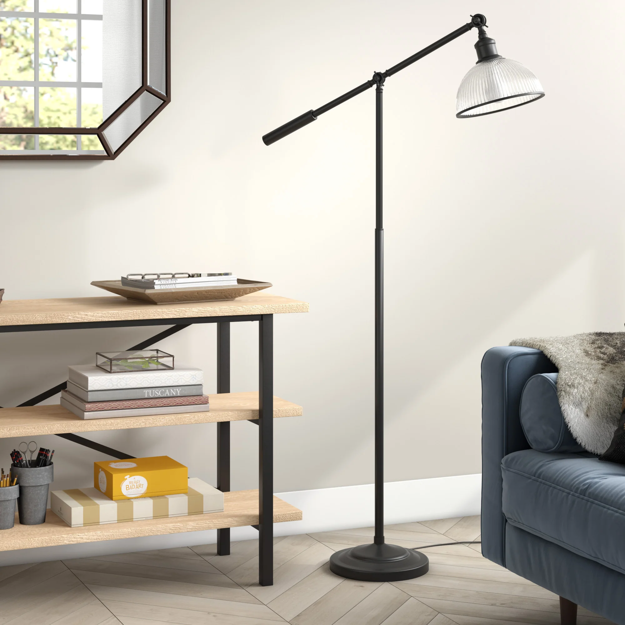 Black Swing Arm Floor Lamp With Clear Glass Dome Shade By Homeroots - Image 6