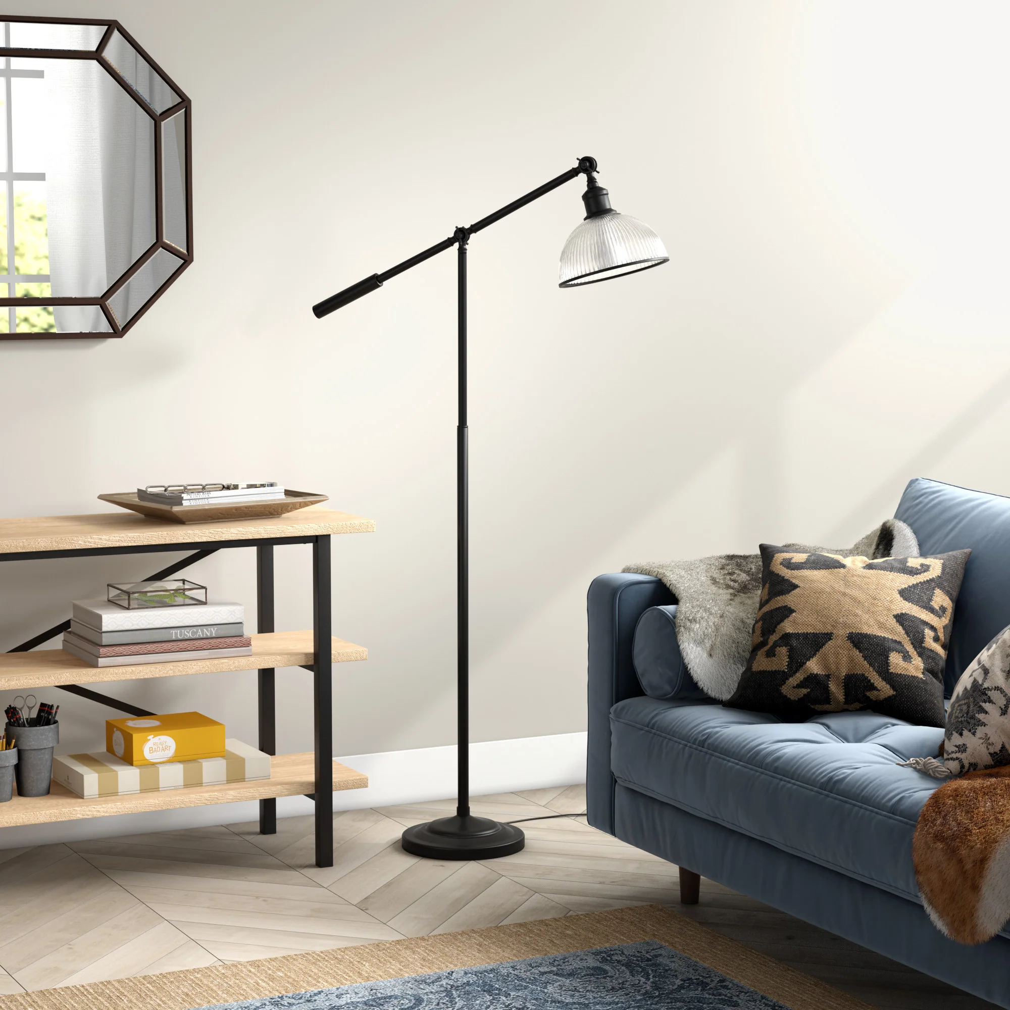 Black Swing Arm Floor Lamp With Clear Glass Dome Shade By Homeroots - Image 7