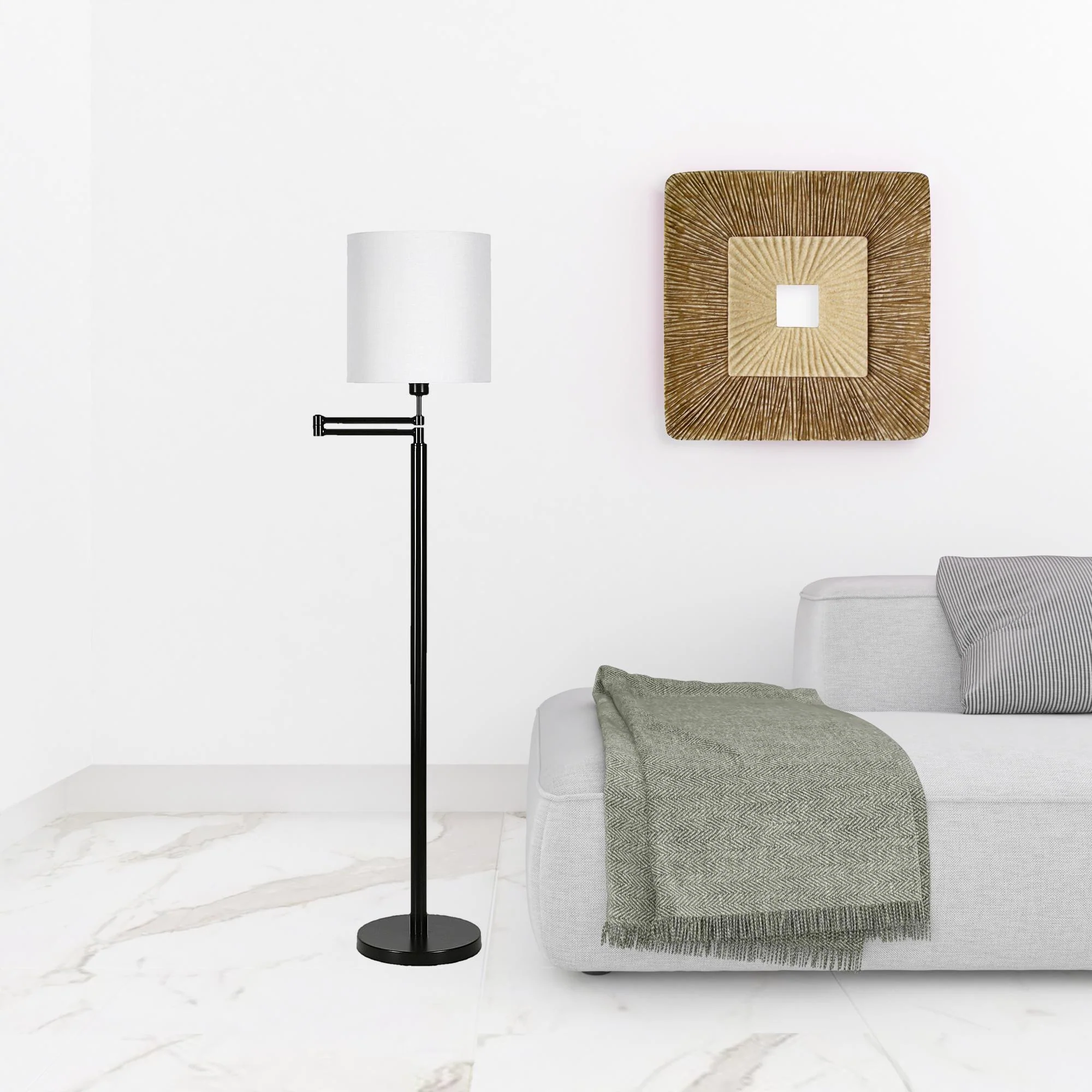Black Swing Arm Floor Lamp With White Frosted Glass Drum Shade By Homeroots - Image 2