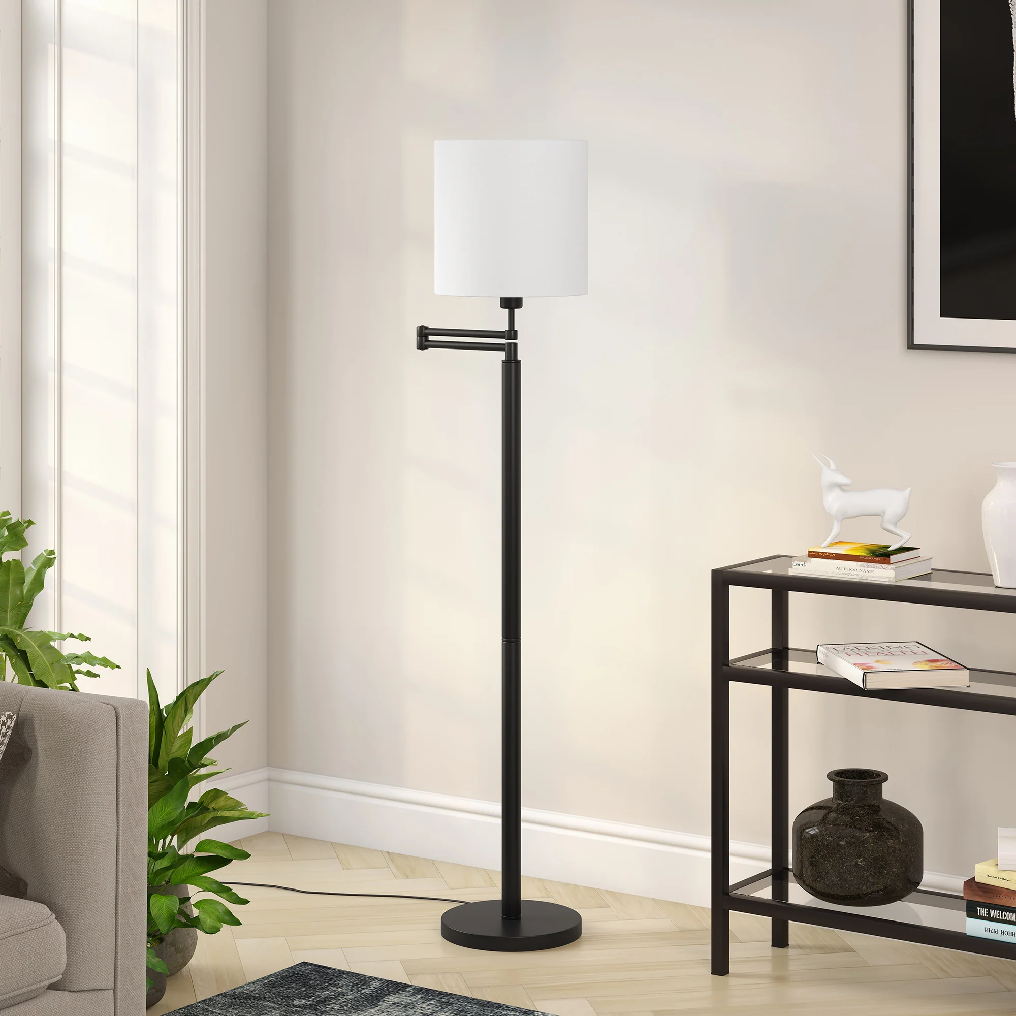 Black Swing Arm Floor Lamp With White Frosted Glass Drum Shade By Homeroots - Image 4