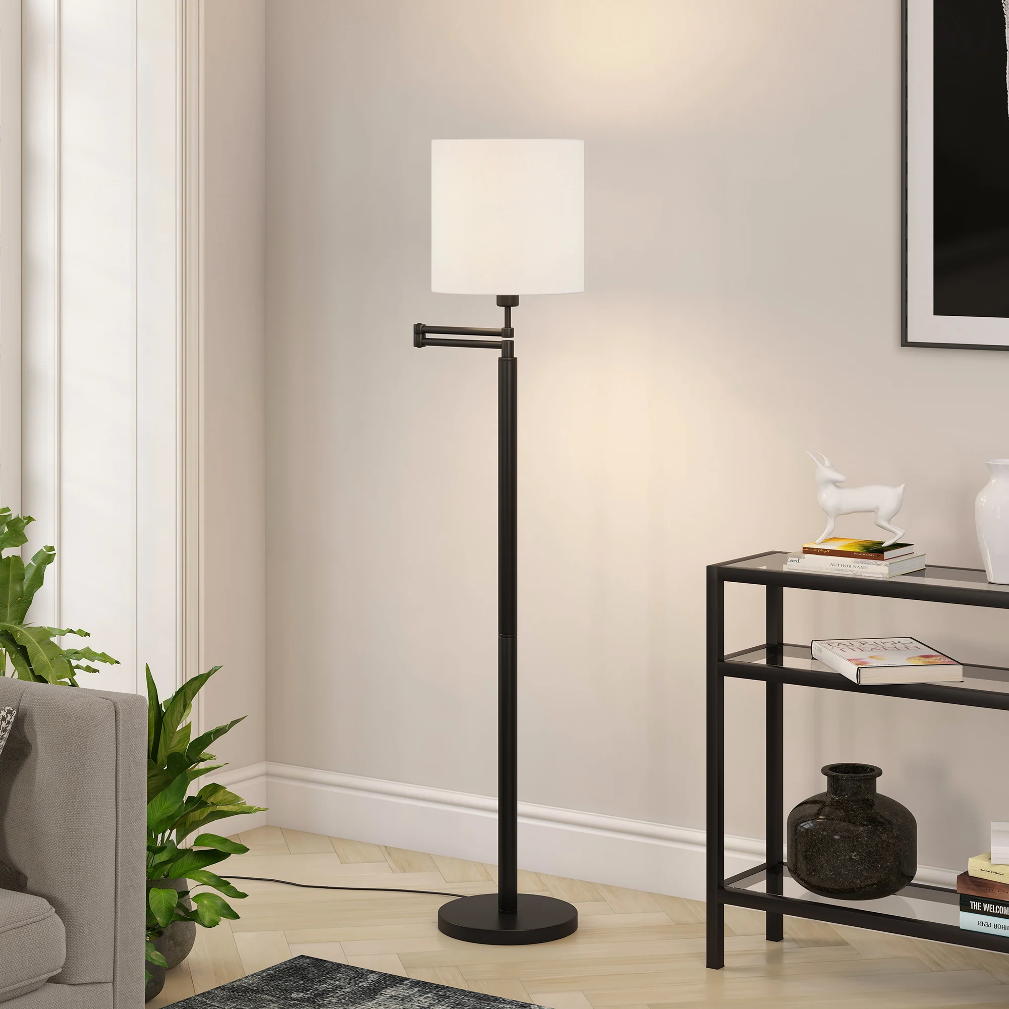 Black Swing Arm Floor Lamp With White Frosted Glass Drum Shade By Homeroots - Image 5