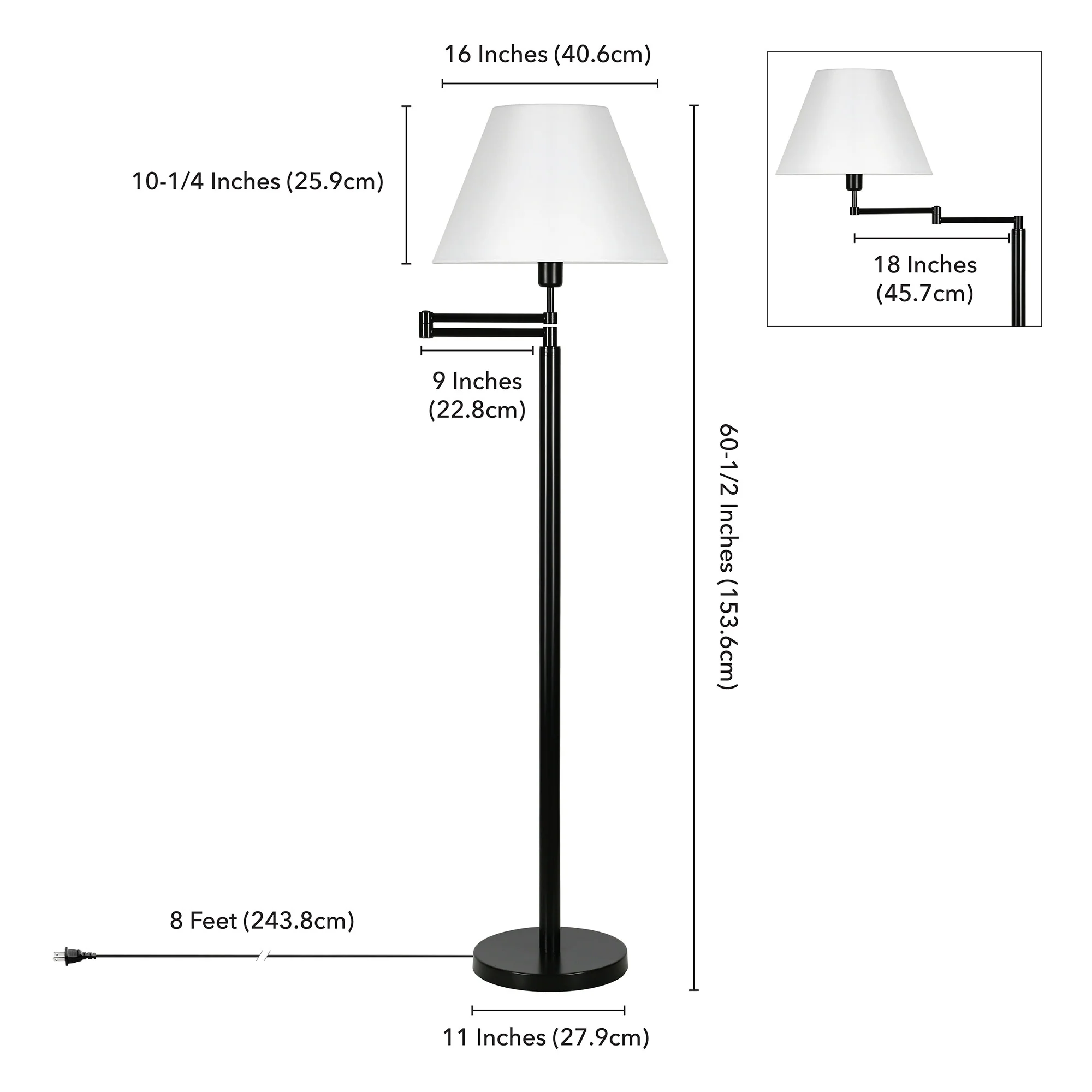 Black Swing Arm Floor Lamp With White Frosted Glass Empire Shade By Homeroots - Image 8