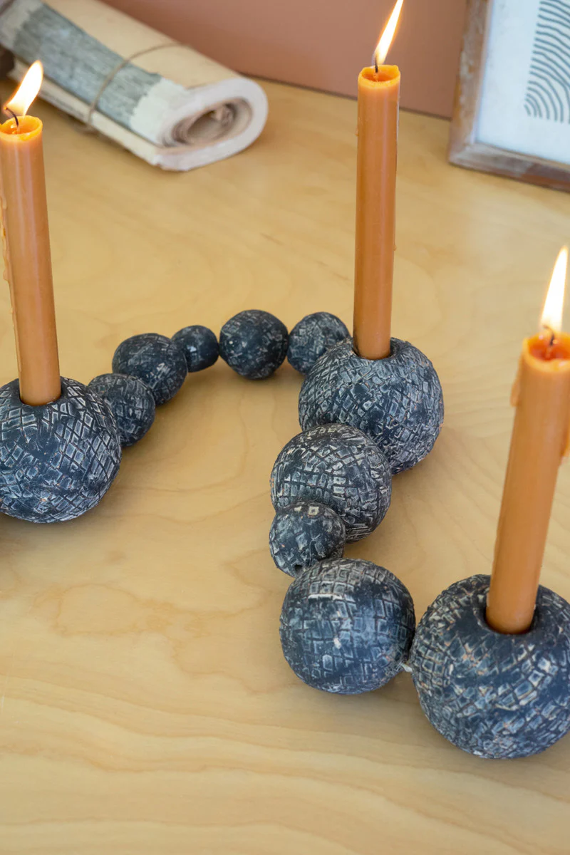 Black Tabletop Clay Beads Taper Holder By Kalalou - Image 2