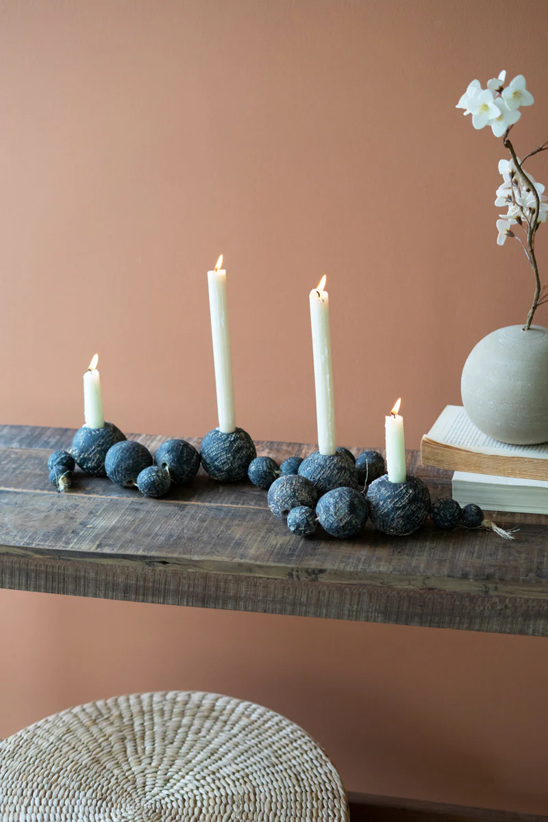 Black Tabletop Clay Beads Taper Holder By Kalalou - Image 3