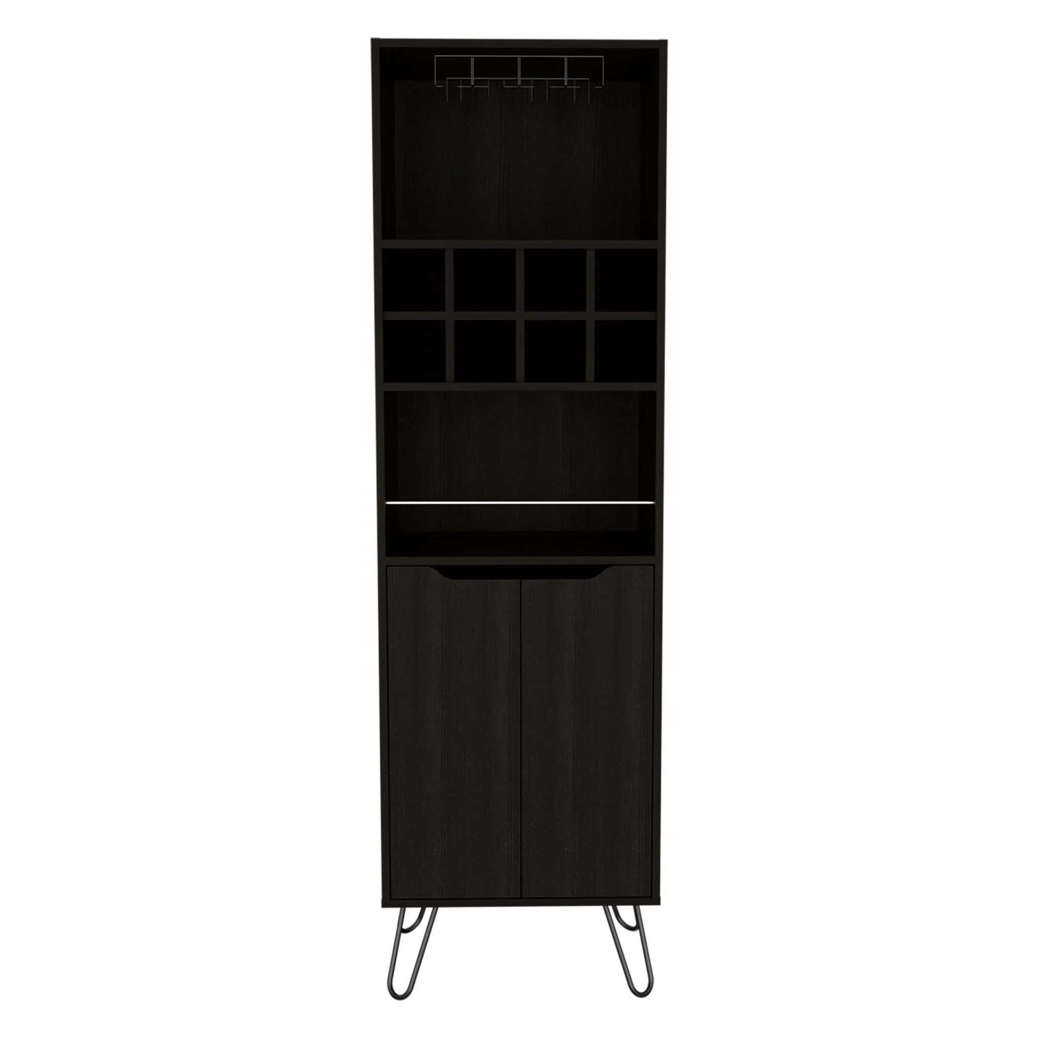 Black Tall Bar Cabinet with Two Door Panels and Top Wine Glass Rack By Homeroots - Image 2