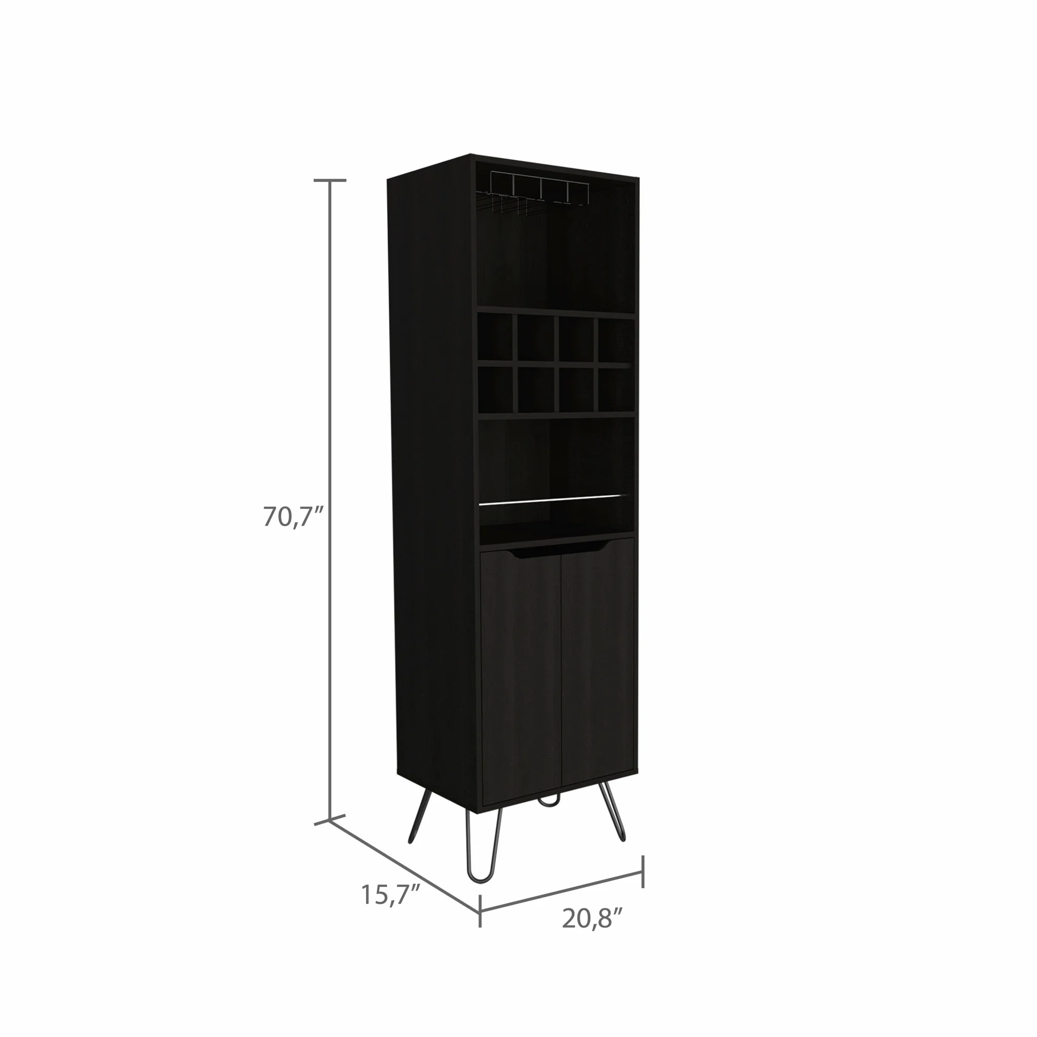 Black Tall Bar Cabinet with Two Door Panels and Top Wine Glass Rack By Homeroots - Image 3