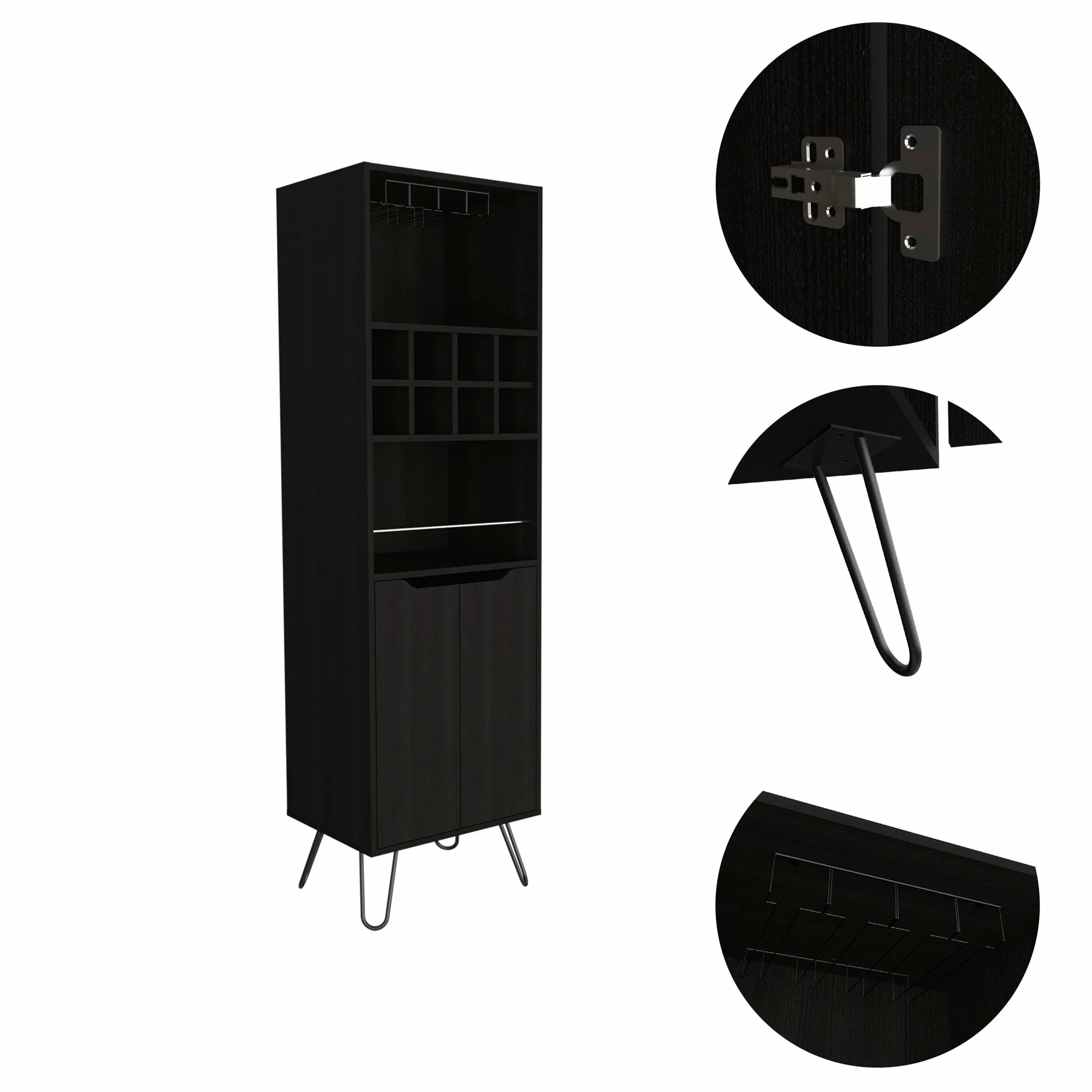 Black Tall Bar Cabinet with Two Door Panels and Top Wine Glass Rack By Homeroots - Image 4