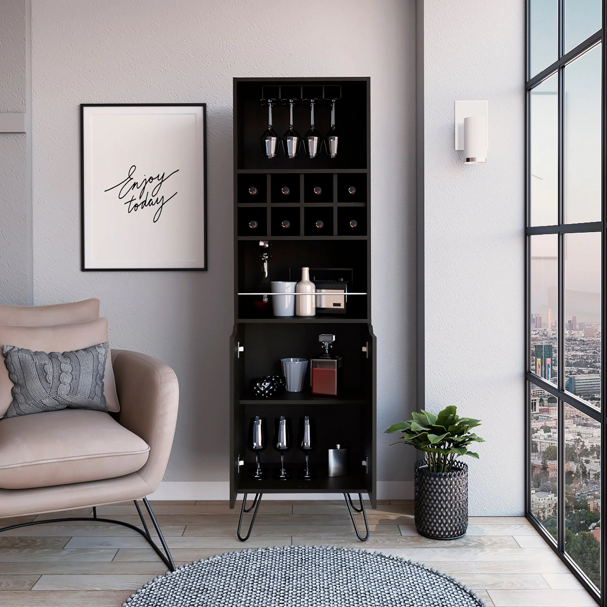 Black Tall Bar Cabinet with Two Door Panels and Top Wine Glass Rack By Homeroots - Image 5