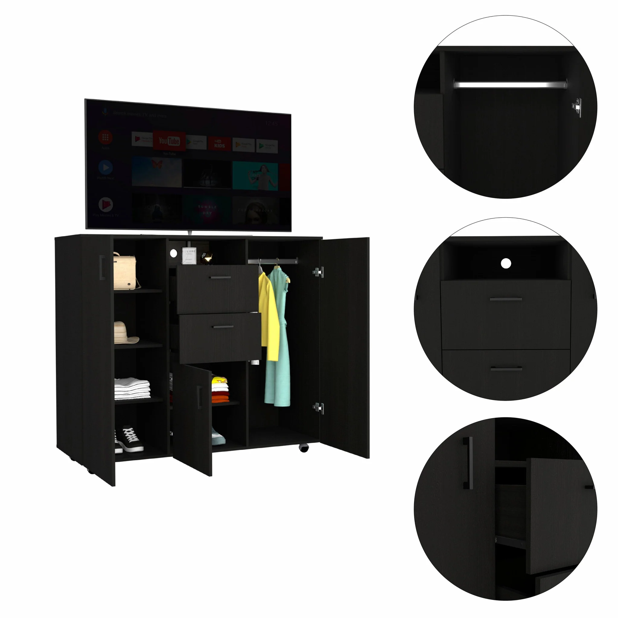 Black Three Door Closet with Two Drawers By Homeroots - Image 4