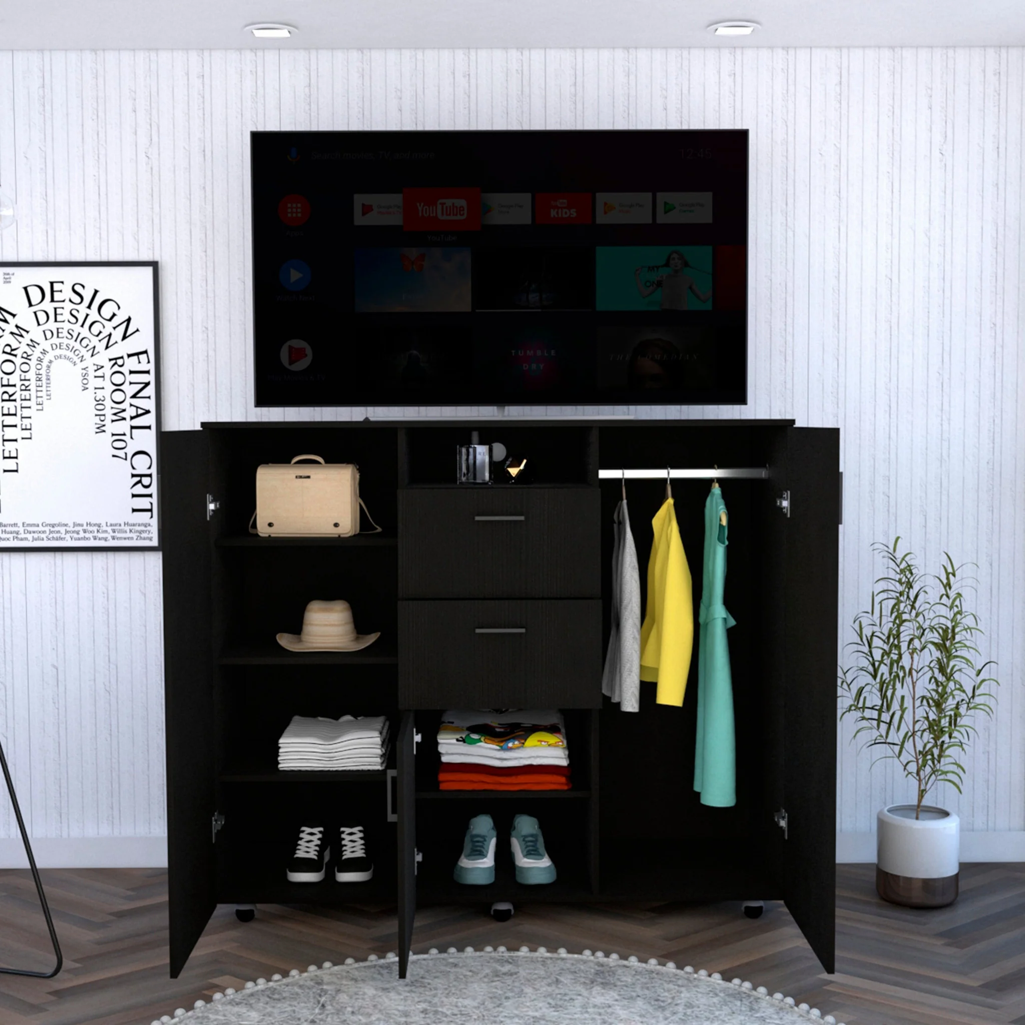 Black Three Door Closet with Two Drawers By Homeroots - Image 5