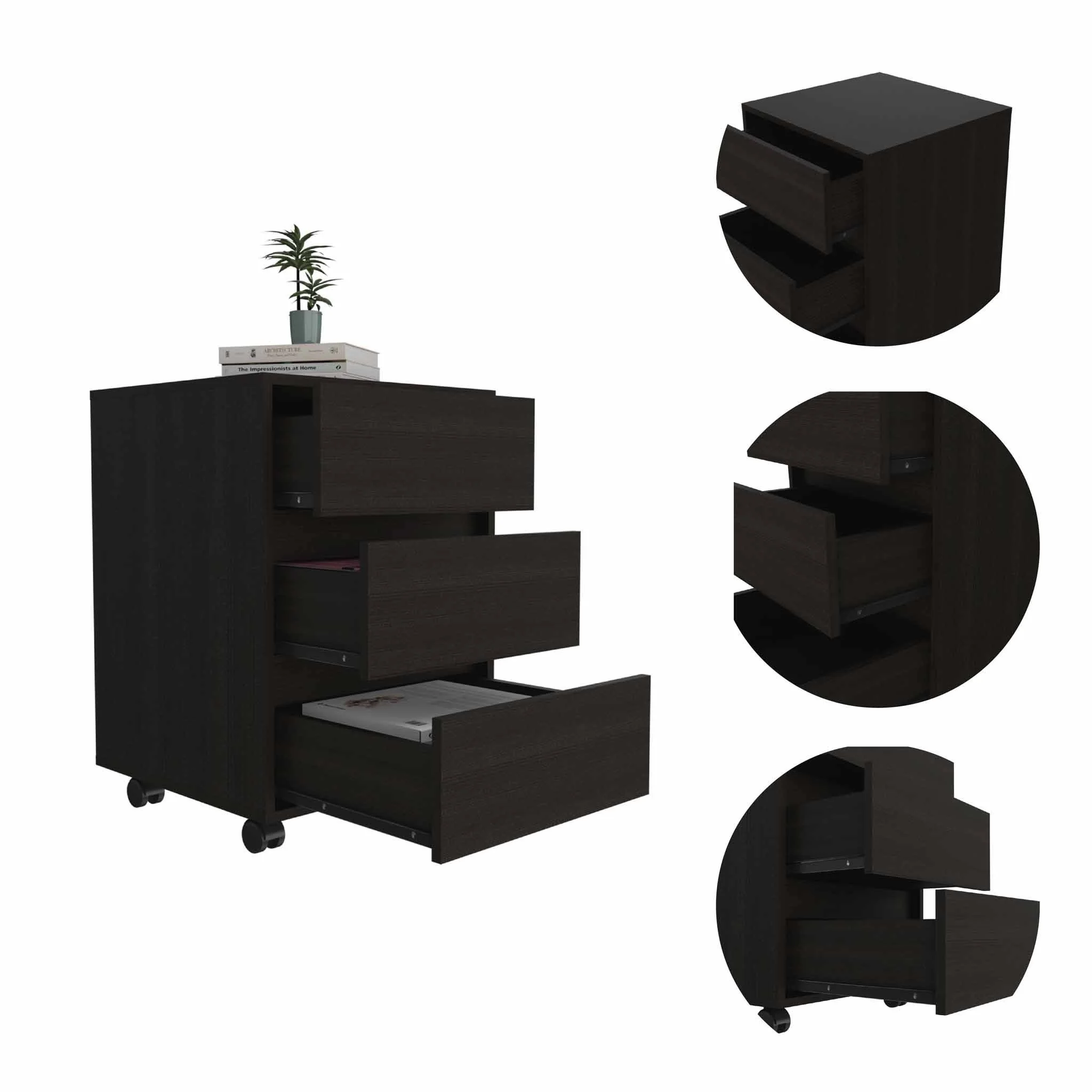 Black Three Drawer Rolling Cabinet By Homeroots - Image 5